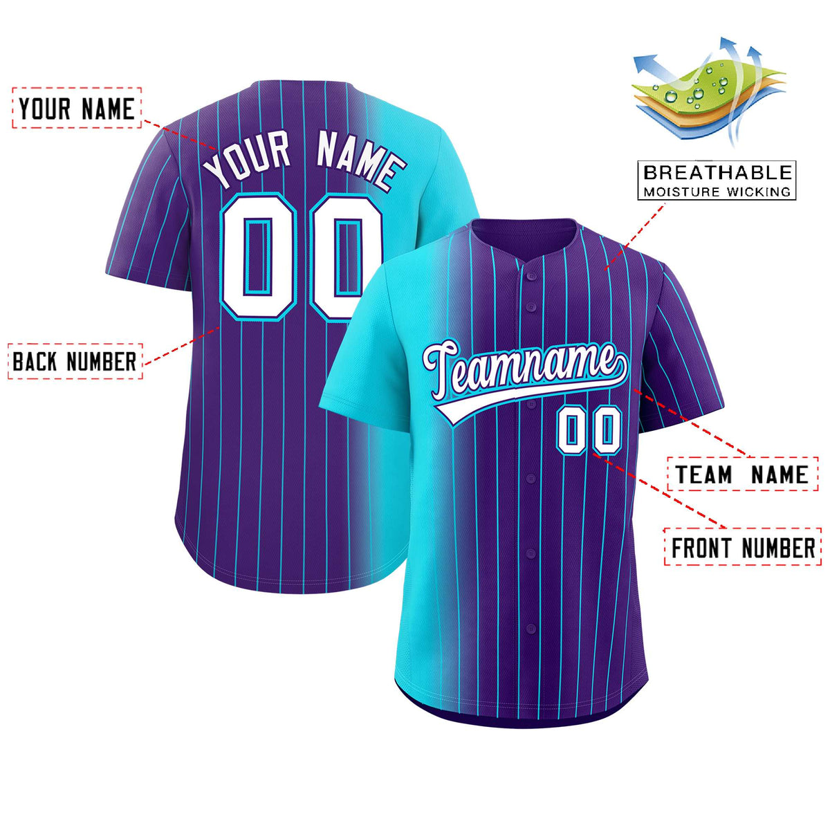 Custom Purple Sky Blue Pinstripe Personalized Gradient Authentic Baseball Jersey Limited