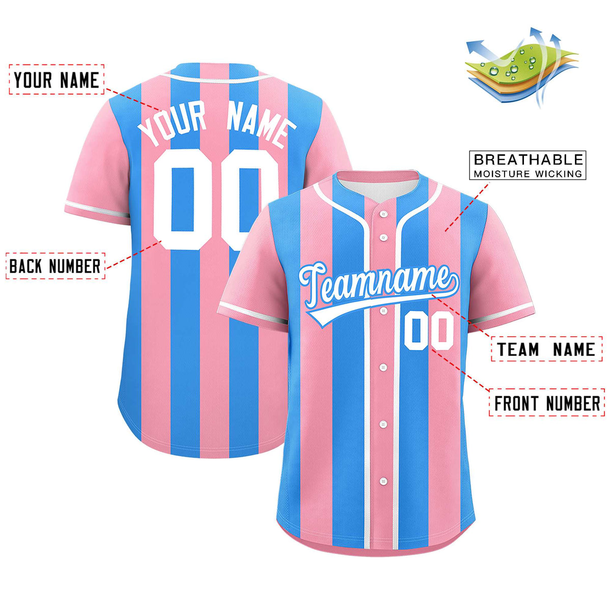 Custom Light Pink Powder Blue Thick Stripe Fashion Authentic Baseball Jersey Limited
