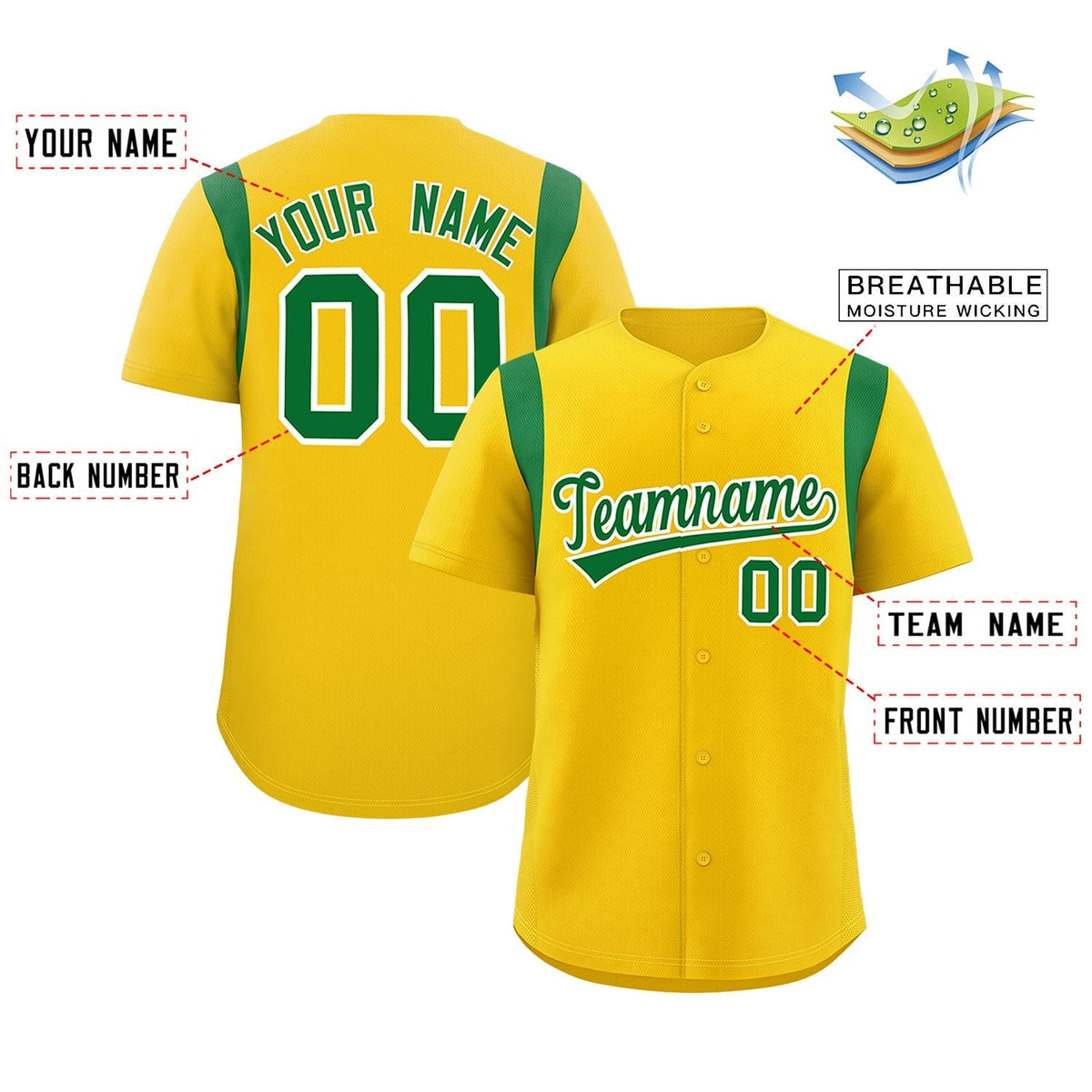 Custom Gold Kelly Green Classic Style Personalized Full Button Authentic Baseball Jersey Limited