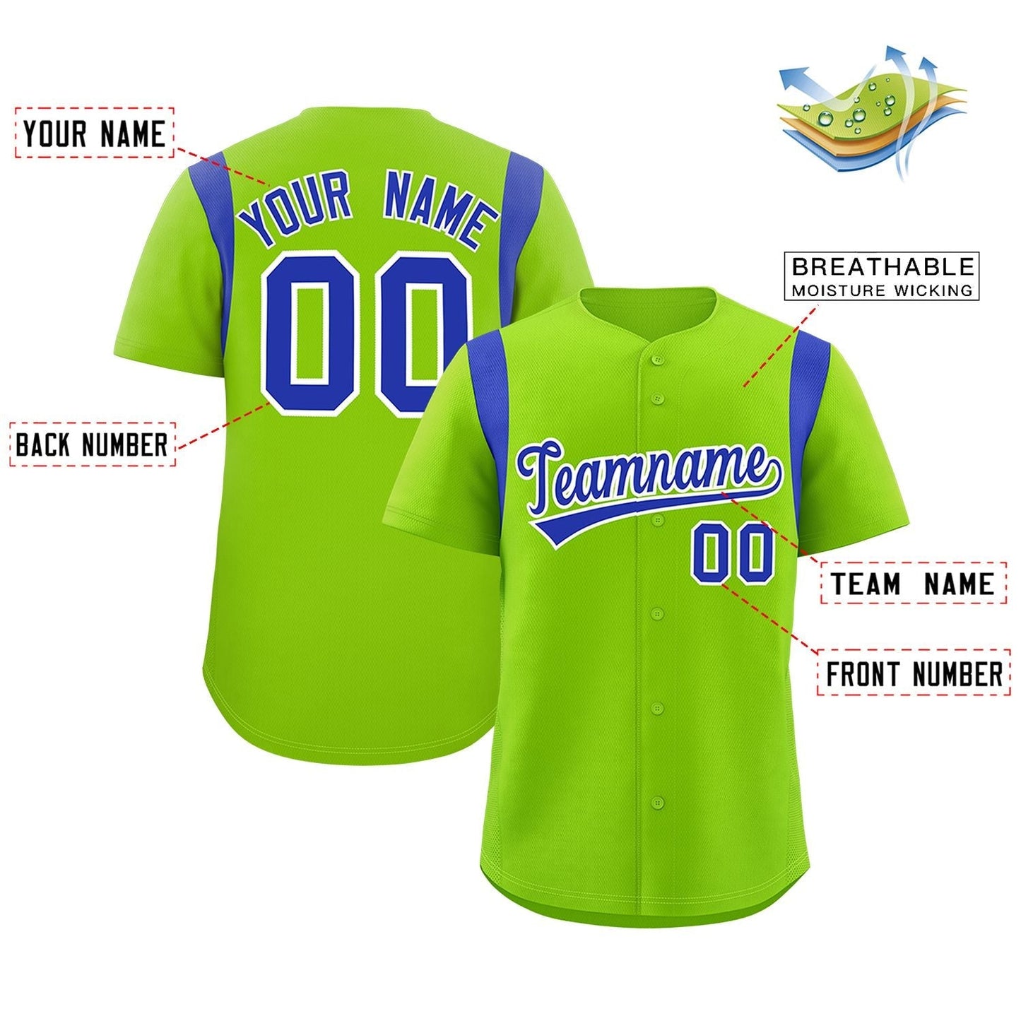 Custom Neon Green Royal Classic Style Personalized Full Button Authentic Baseball Jersey Limited