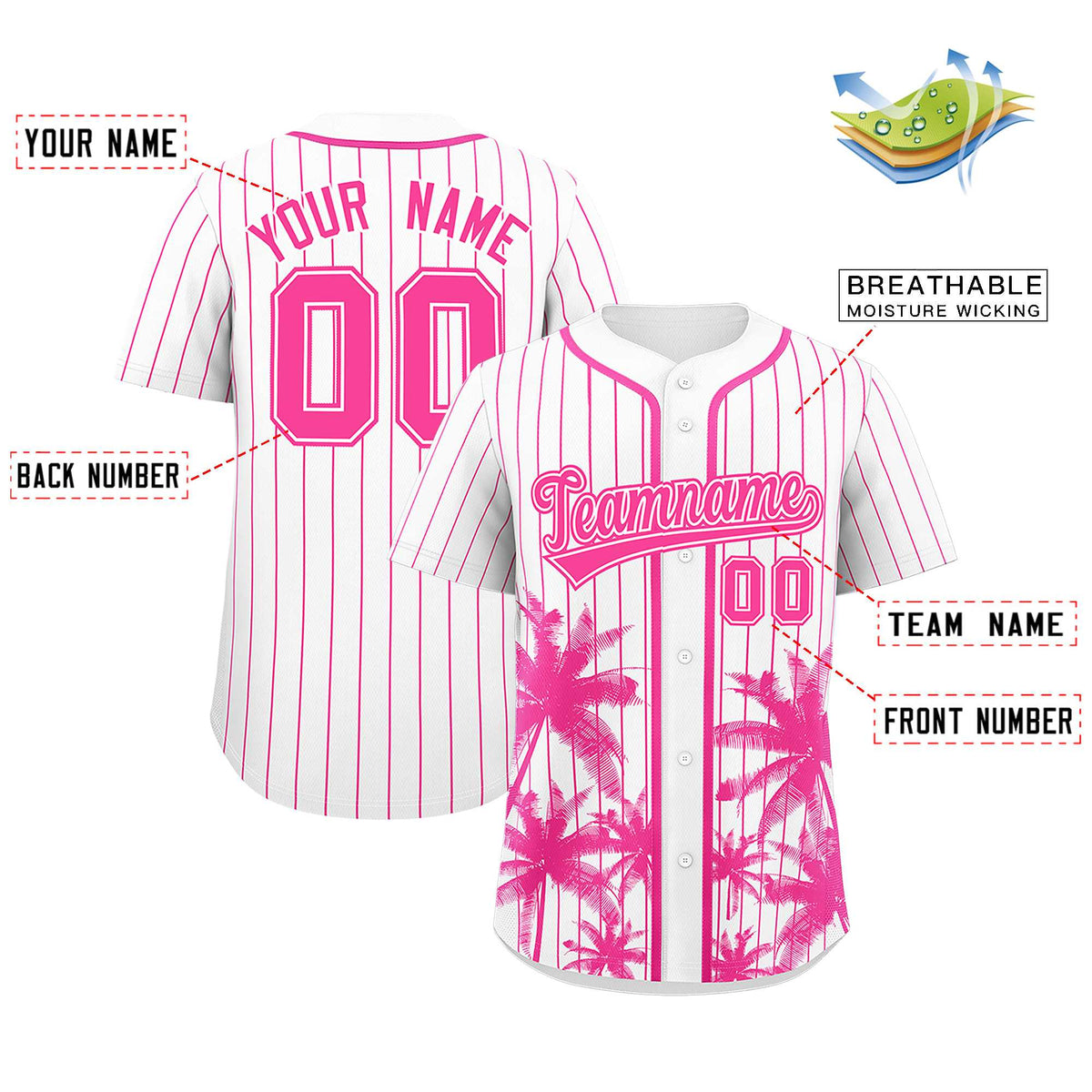 Custom White Pink Pinstripe Coconut Tree Pattern Authentic Baseball Jersey Limited