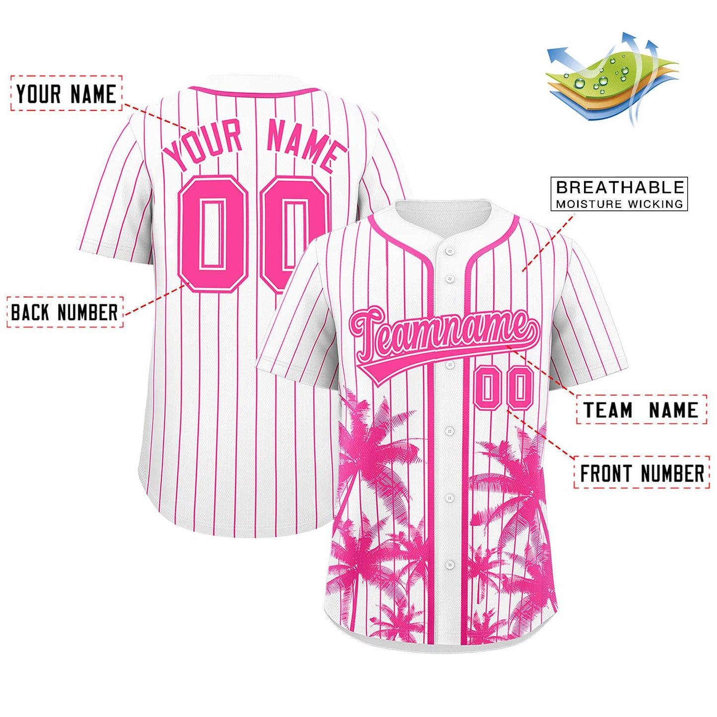 Custom White Pink Pinstripe Coconut Tree Pattern Authentic Baseball Jersey Limited