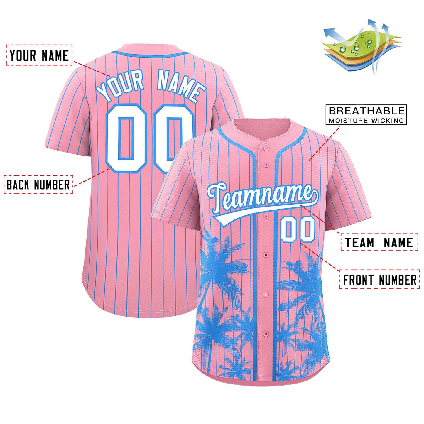 Custom Light Pink Powder Blue Pinstripe Coconut Tree Pattern Authentic Baseball Jersey Limited