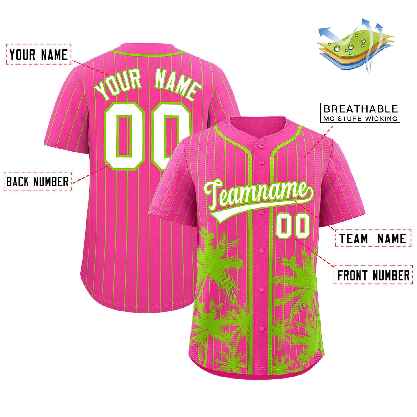 Custom Pink Neon Green Pinstripe Coconut Tree Pattern Authentic Baseball Jersey Limited
