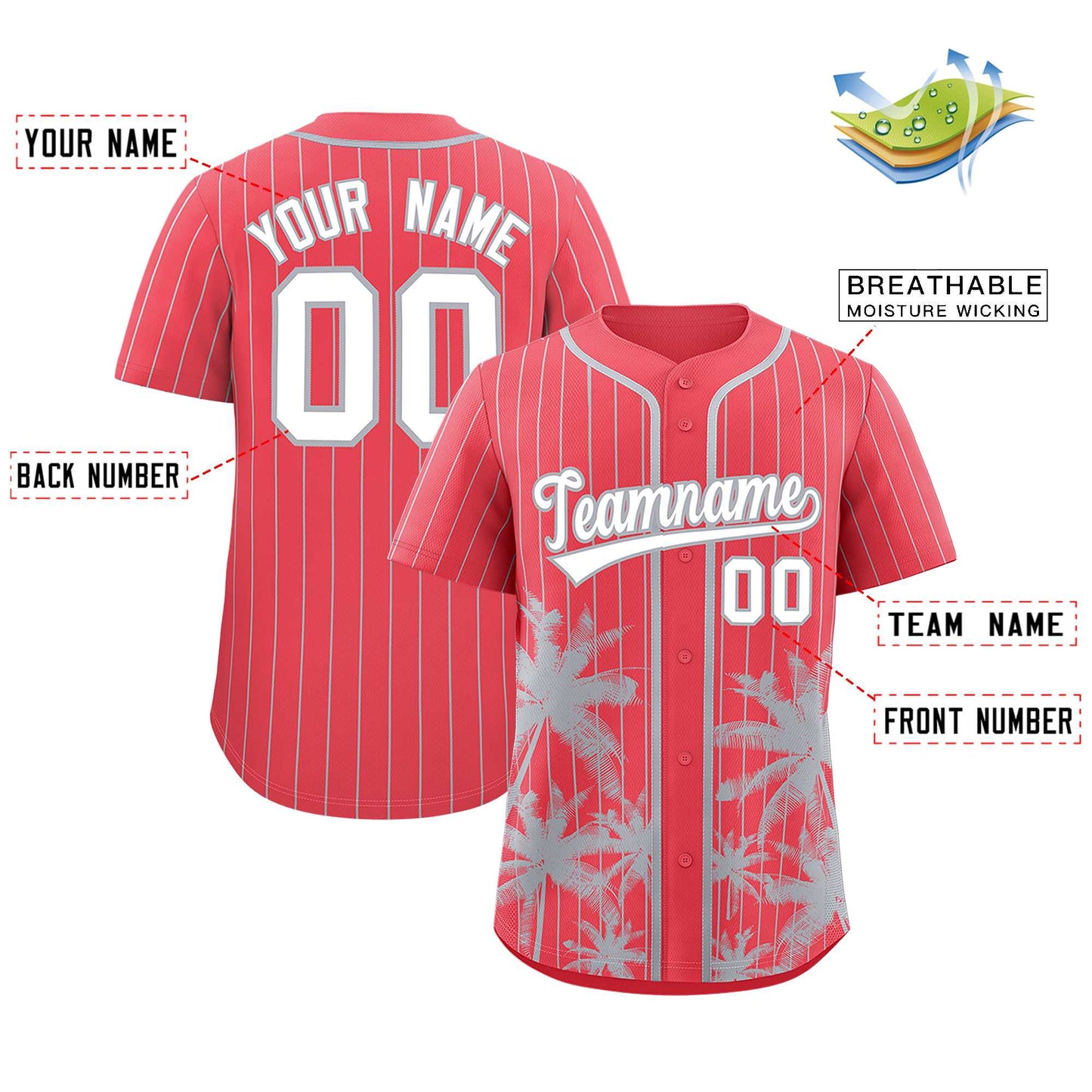 Custom Light Red Gray Pinstripe Coconut Tree Pattern Authentic Baseball Jersey Limited