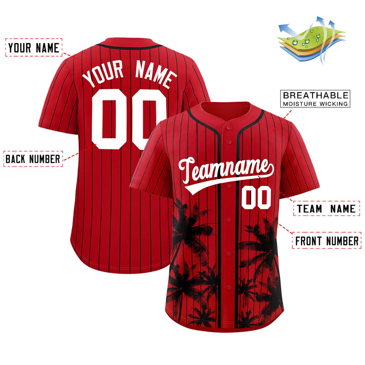 Custom Red Black Pinstripe Coconut Tree Pattern Authentic Baseball Jersey Limited