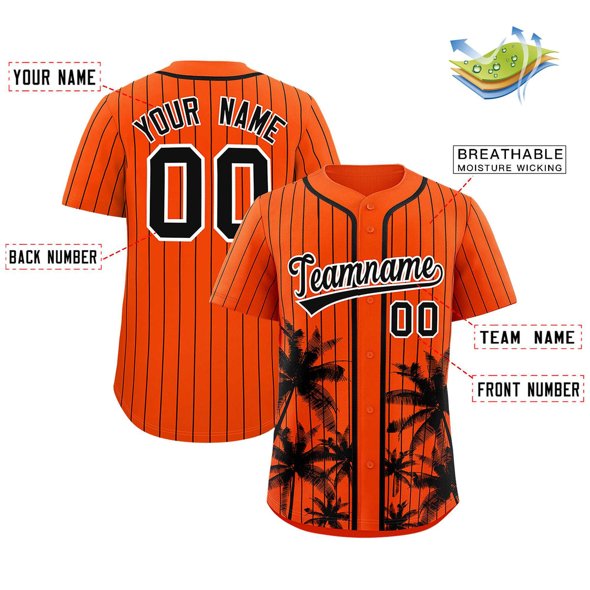 Custom Orange Black Pinstripe Coconut Tree Pattern Authentic Baseball Jersey Limited