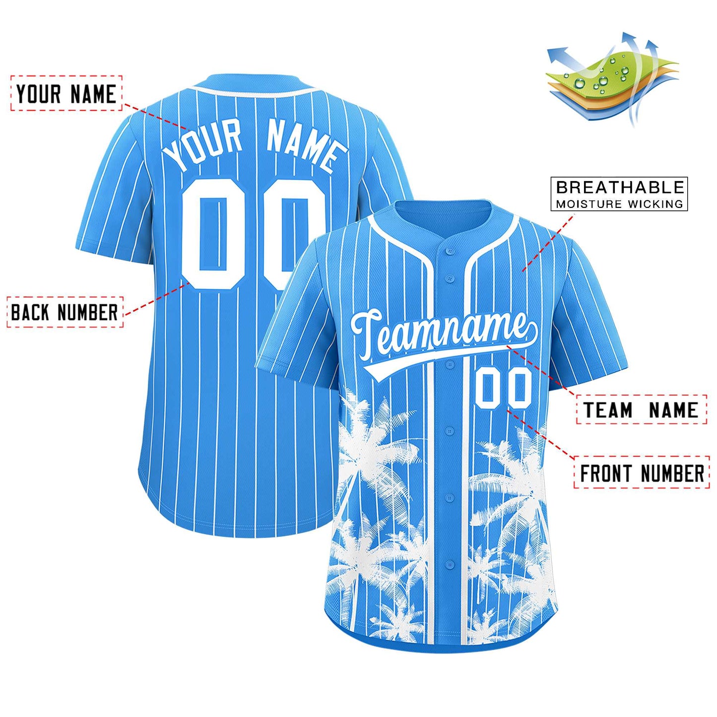 Custom Powder Blue White Pinstripe Coconut Tree Pattern Authentic Baseball Jersey Limited