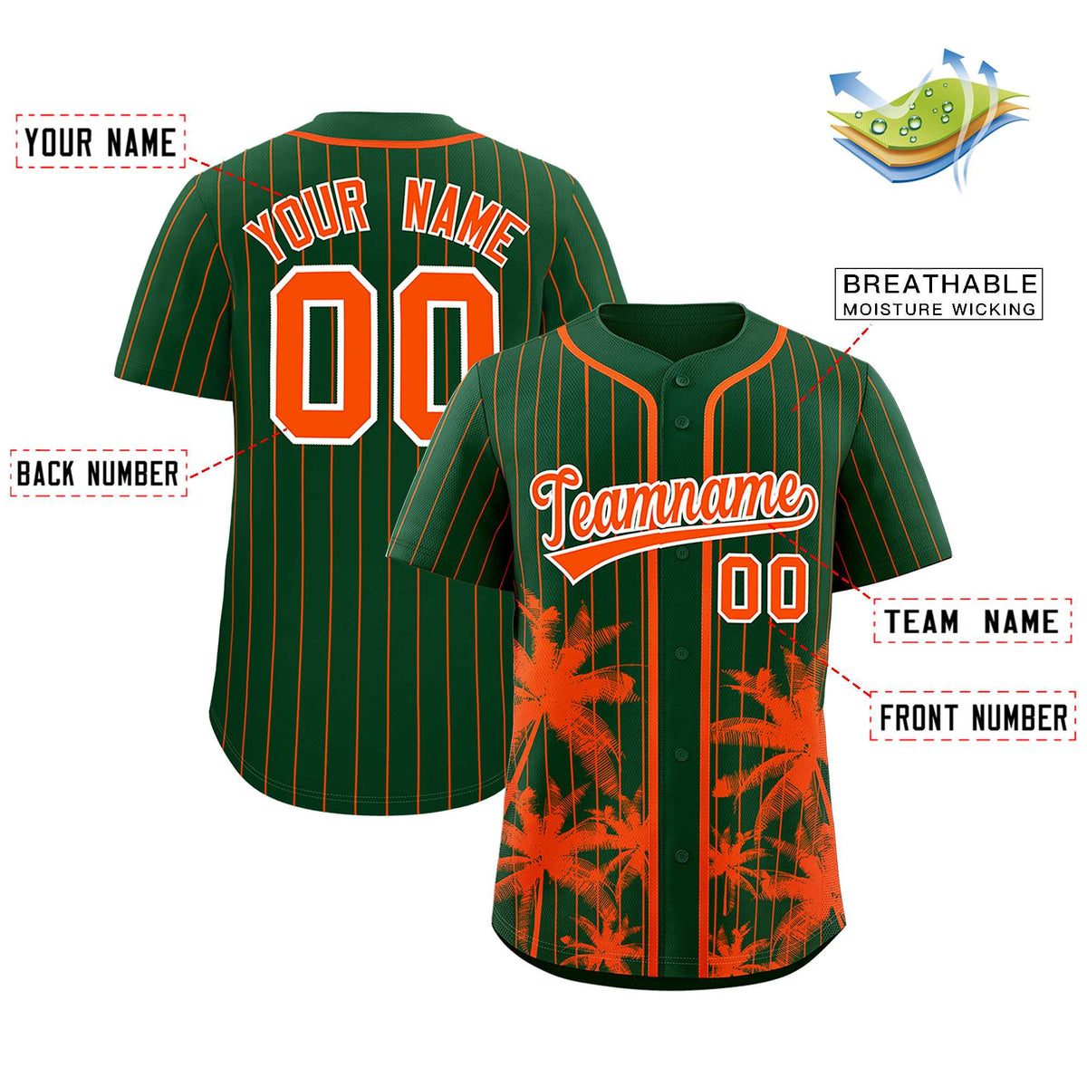 Custom Green Orange Pinstripe Coconut Tree Pattern Authentic Baseball Jersey Limited