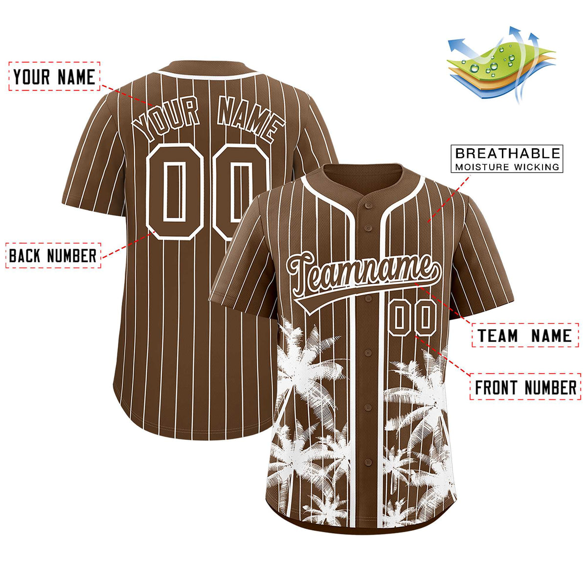 Custom Light Brown White Pinstripe Coconut Tree Pattern Authentic Baseball Jersey Limited
