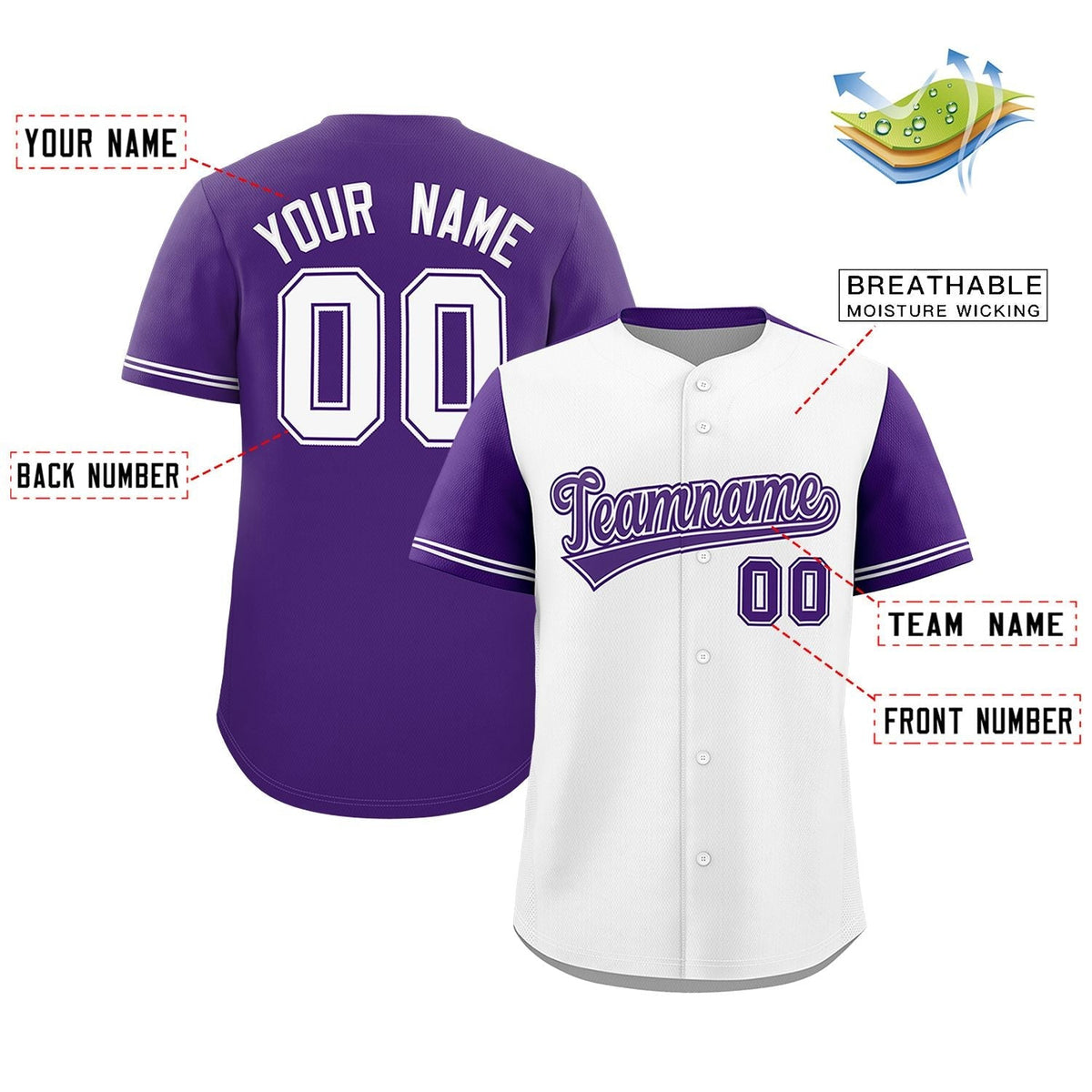 Custom White Purple Color Block Personalized Raglan Sleeves Authentic Baseball Jersey Limited