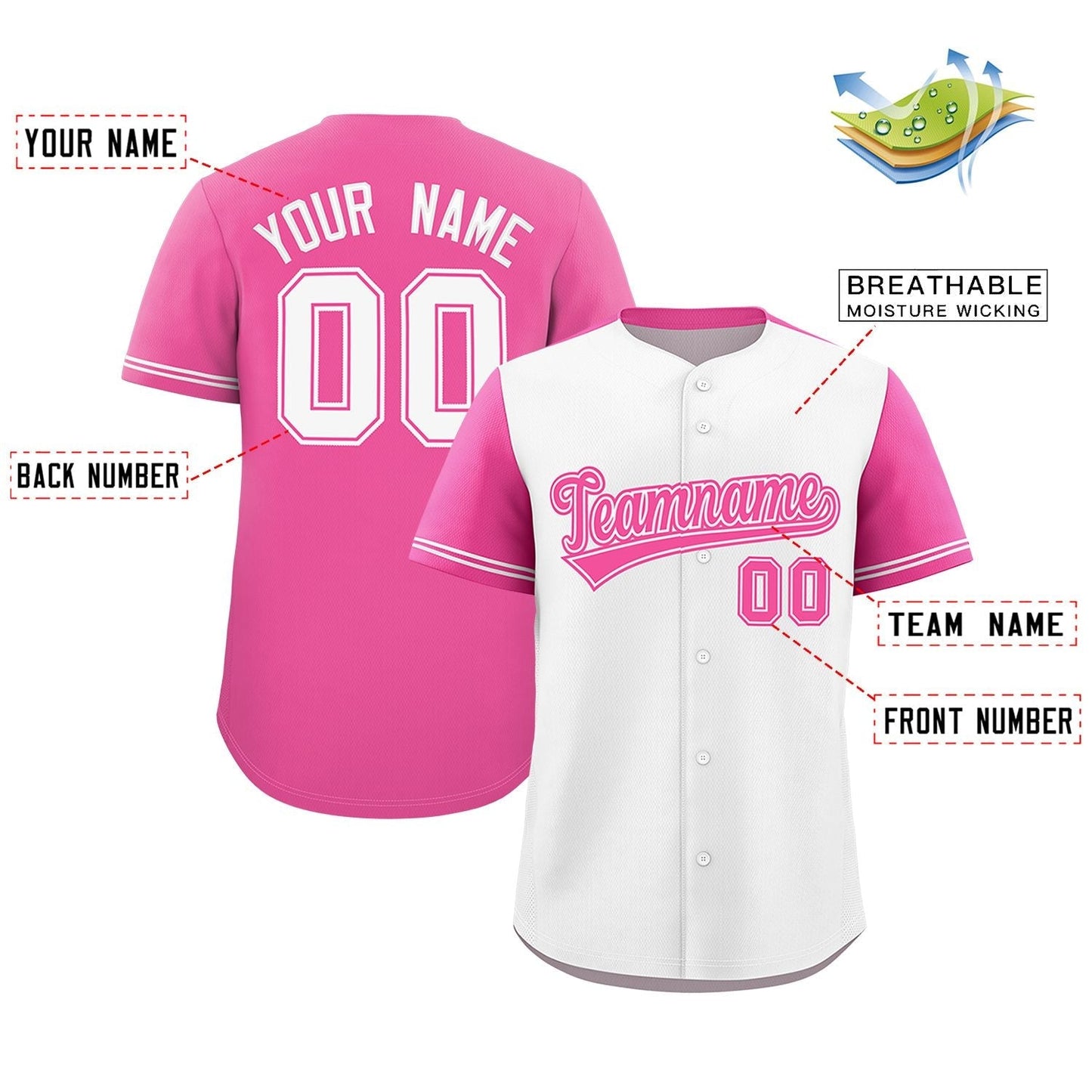 Custom White Pink Color Block Personalized Raglan Sleeves Authentic Baseball Jersey Limited