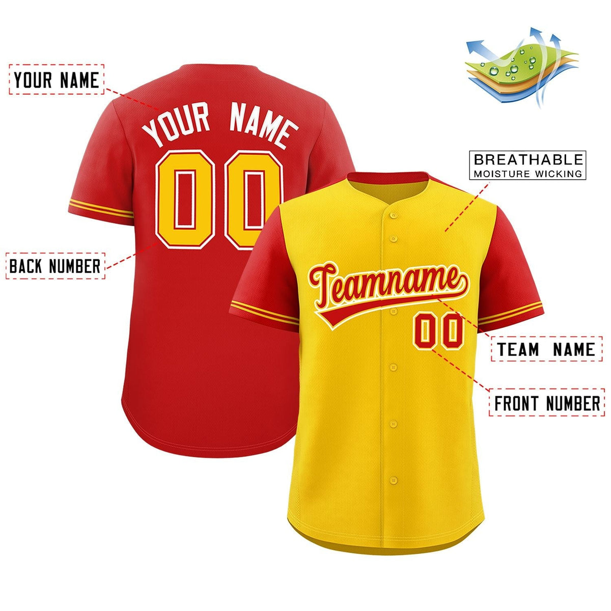Custom Gold Red Color Block Personalized Raglan Sleeves Authentic Baseball Jersey Limited