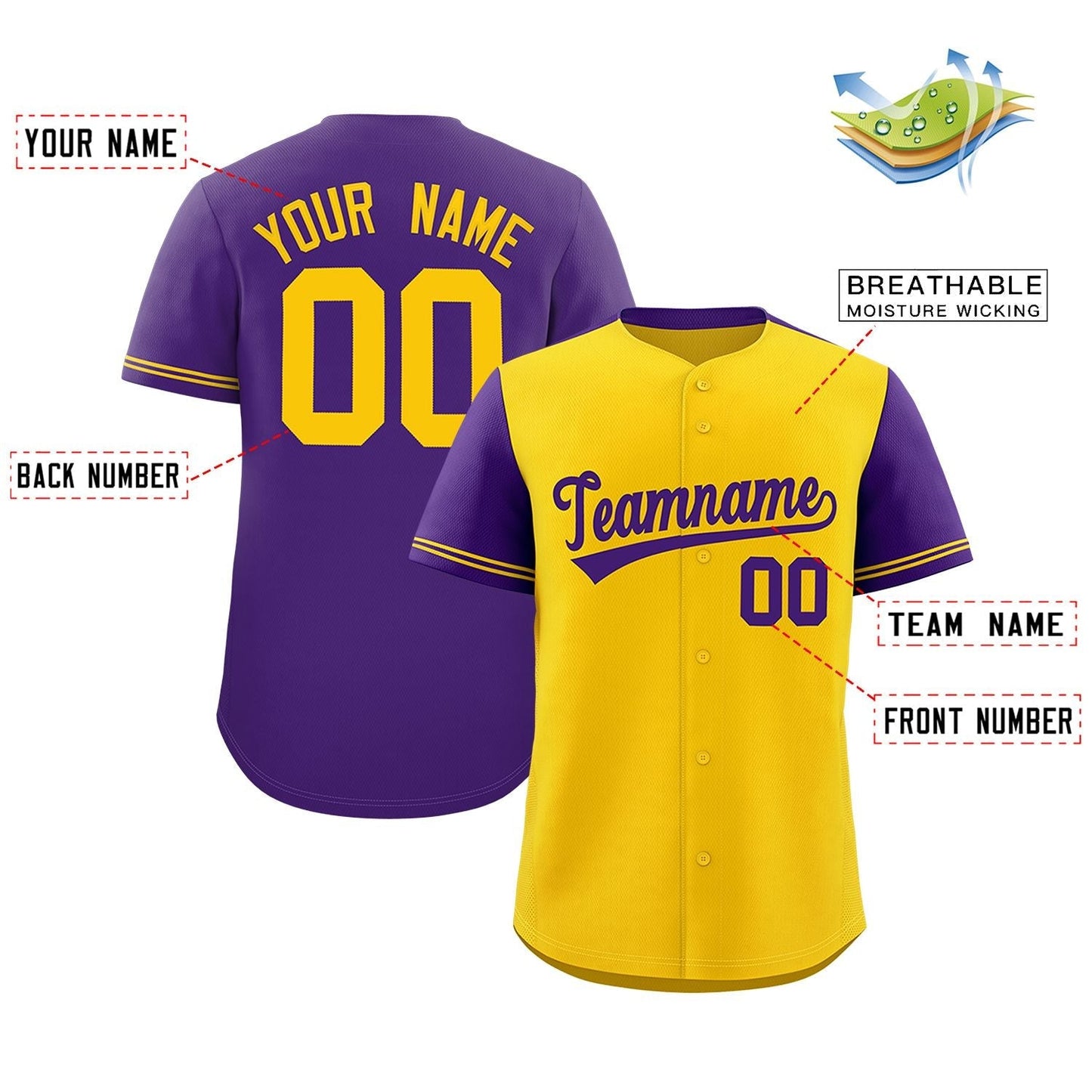 Custom Gold Purple Color Block Personalized Raglan Sleeves Authentic Baseball Jersey Limited