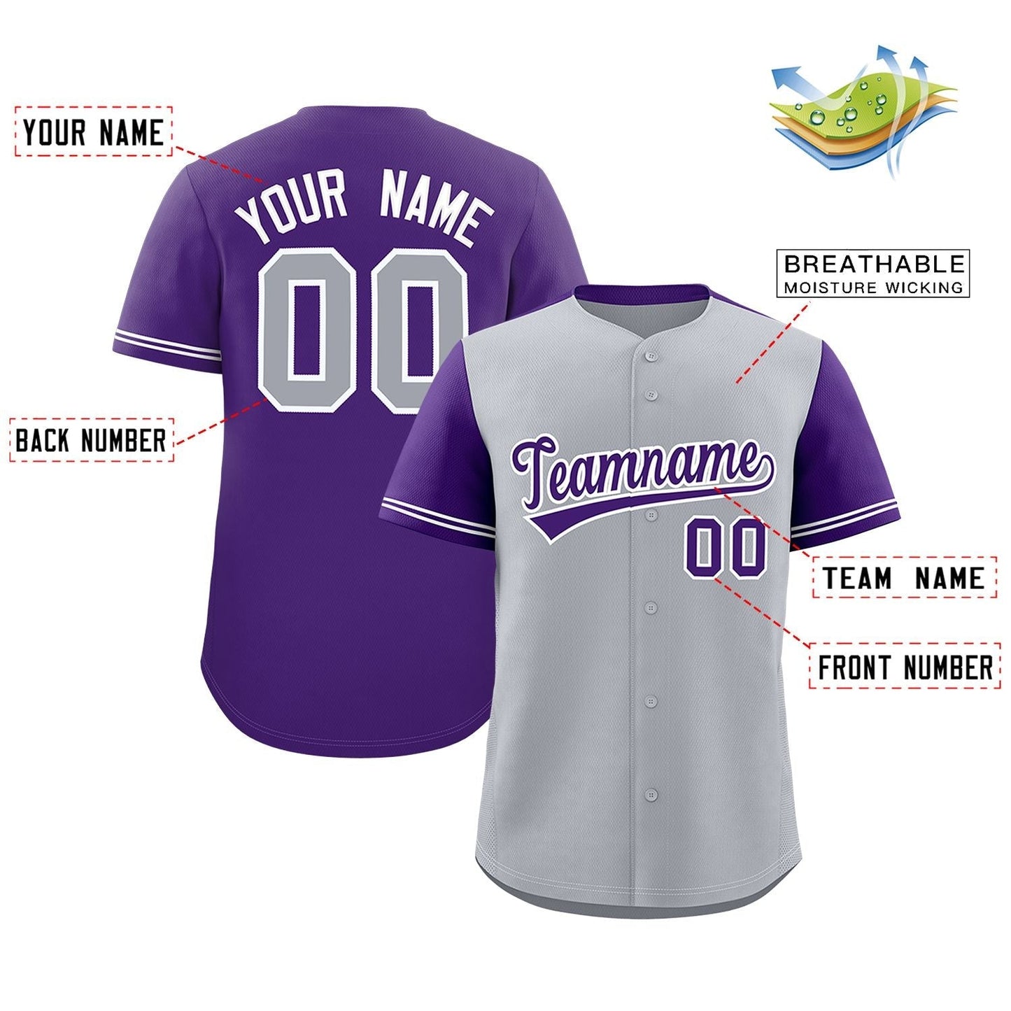 Custom Gray Purple Color Block Personalized Raglan Sleeves Authentic Baseball Jersey Limited