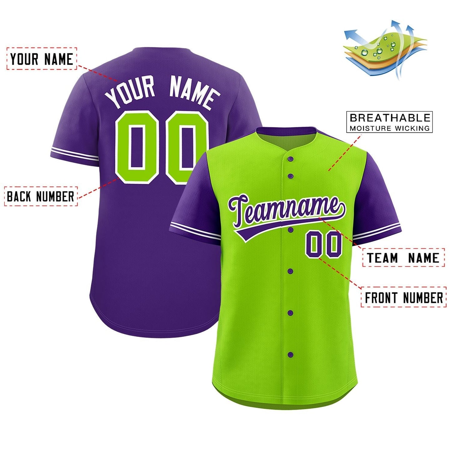Custom Neon Green Purple Color Block Personalized Raglan Sleeves Authentic Baseball Jersey Limited