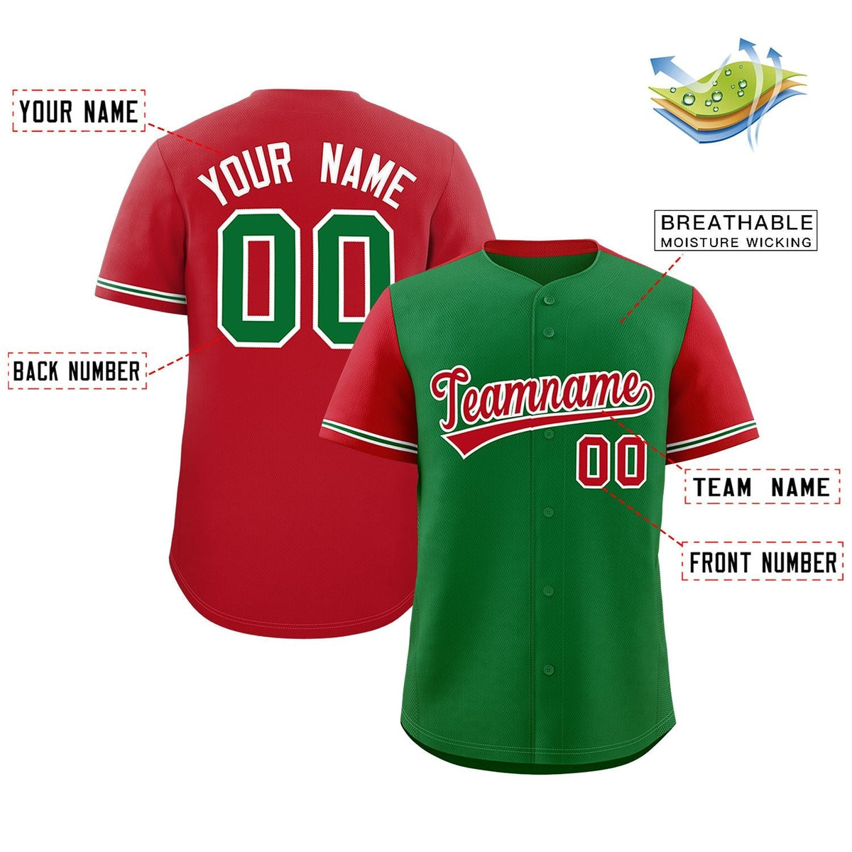 Custom Kelly Green Red Color Block Personalized Raglan Sleeves Authentic Baseball Jersey Limited