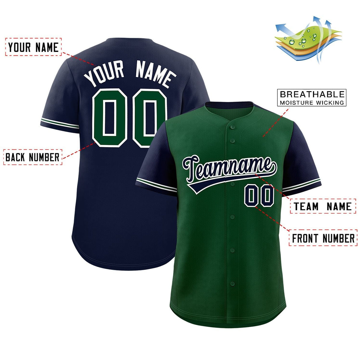 Custom Green Navy Color Block Personalized Raglan Sleeves Authentic Baseball Jersey Limited