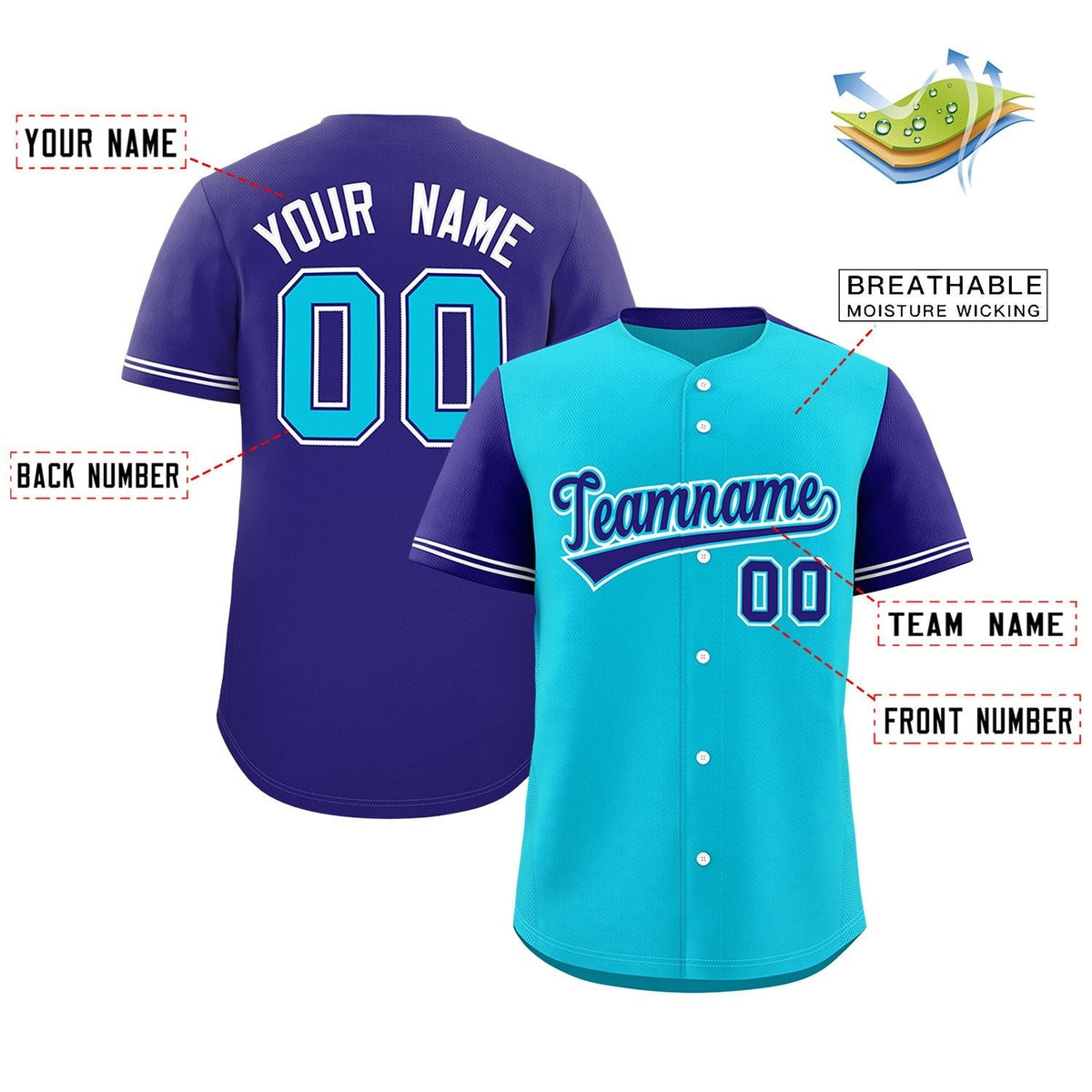 Custom Sky Blue Violet Color Block Personalized Raglan Sleeves Authentic Baseball Jersey Limited