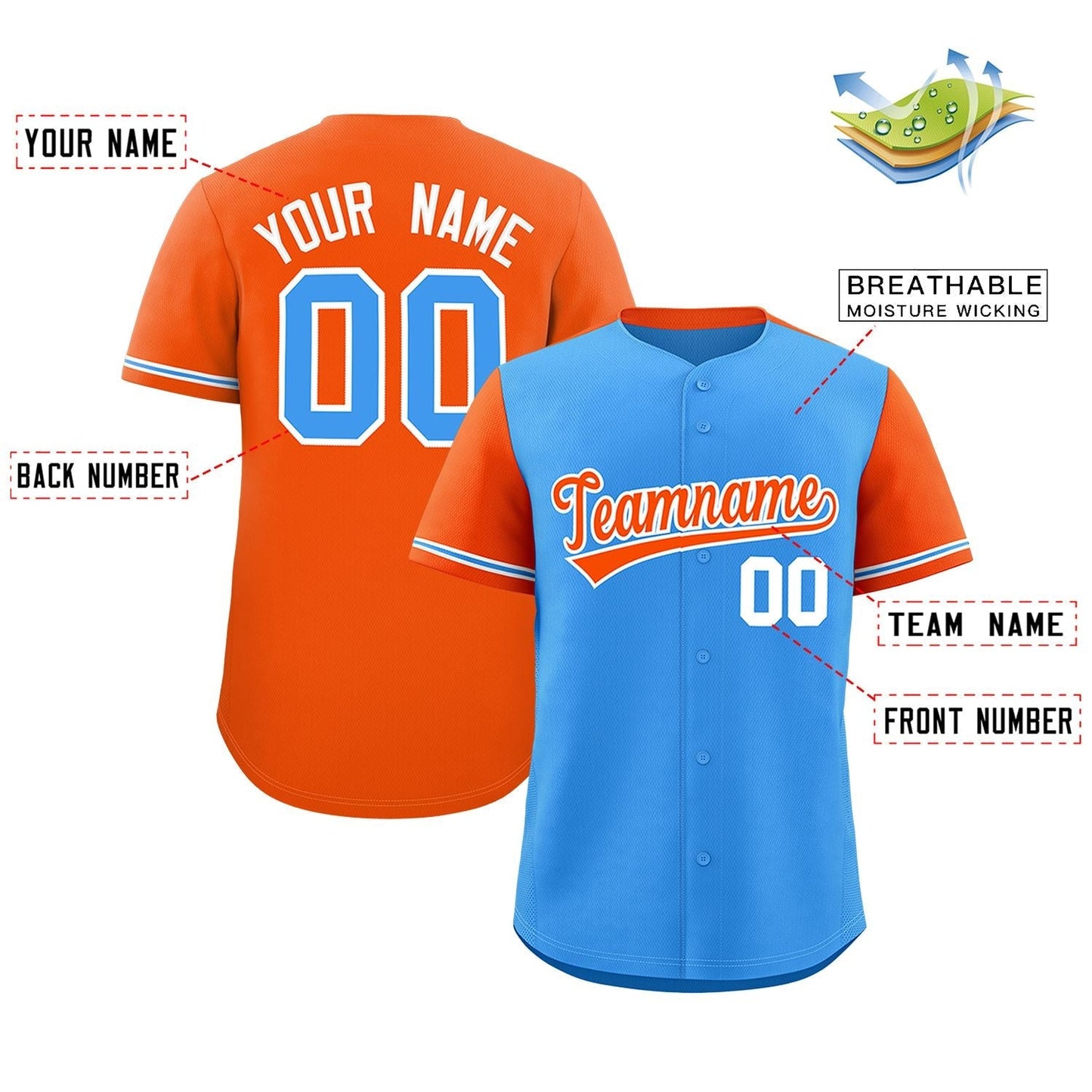 Custom Powder Blue Orange Color Block Personalized Raglan Sleeves Authentic Baseball Jersey Limited