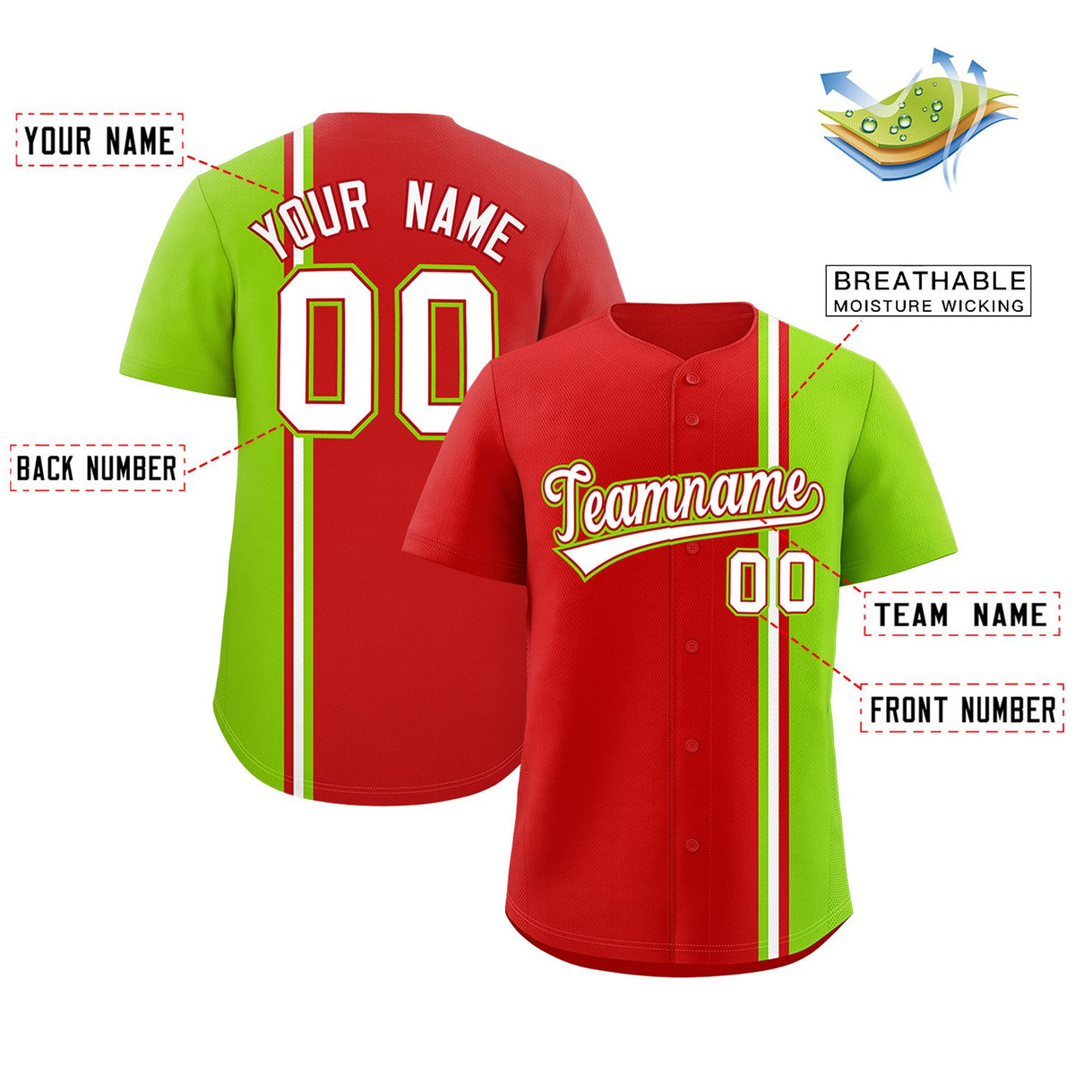 Custom Red Neon Green-White Personalized Color Block Authentic Baseball Jersey Limited