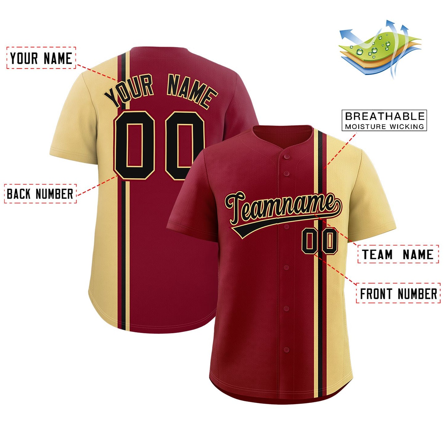 Custom Crimson Khaki-Black Personalized Color Block Authentic Baseball Jersey Limited