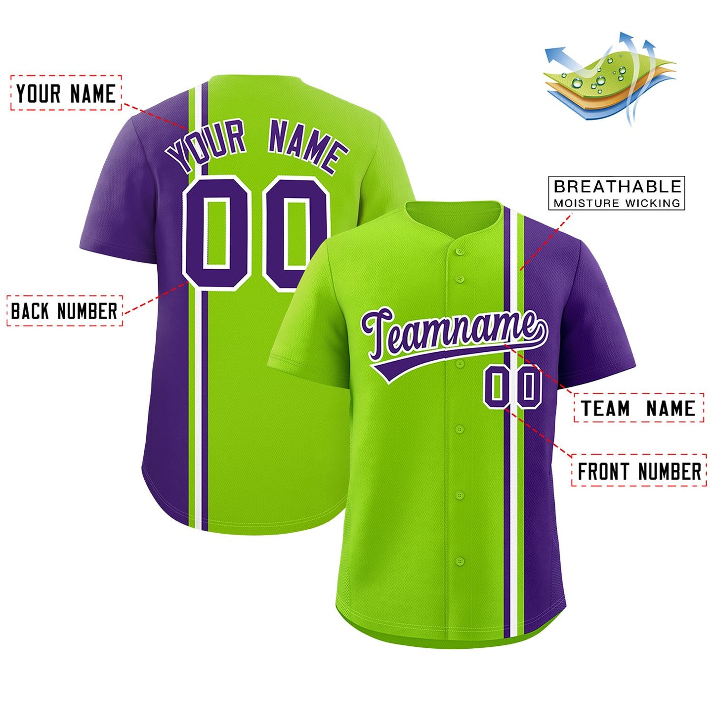 Custom Neon Green Purple-White Personalized Color Block Authentic Baseball Jersey Limited