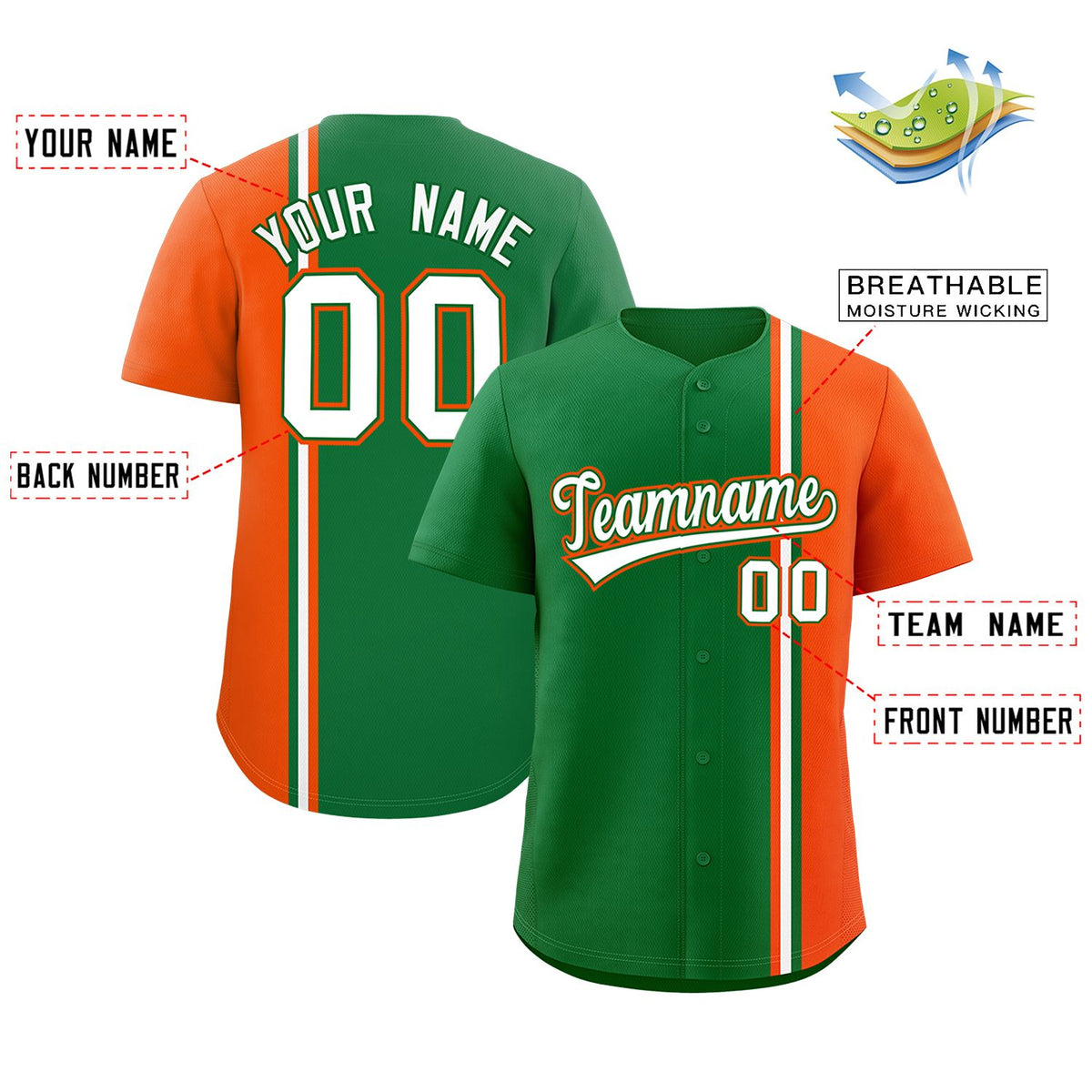 Custom Kelly Green Orange-White Personalized Color Block Authentic Baseball Jersey Limited
