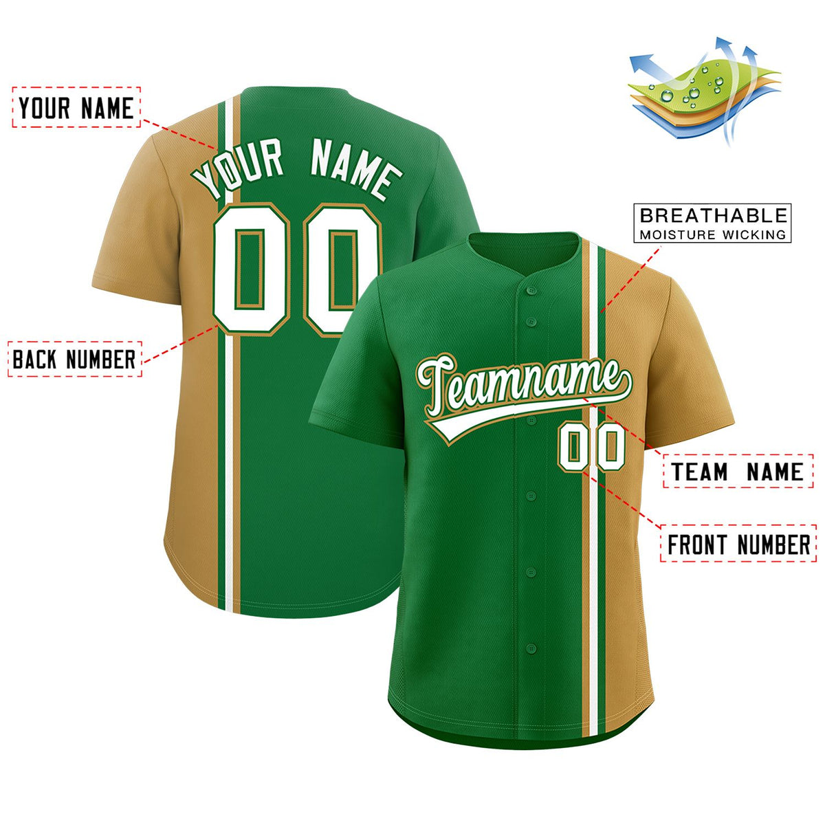 Custom Kelly Green Old Gold-White Personalized Color Block Authentic Baseball Jersey Limited