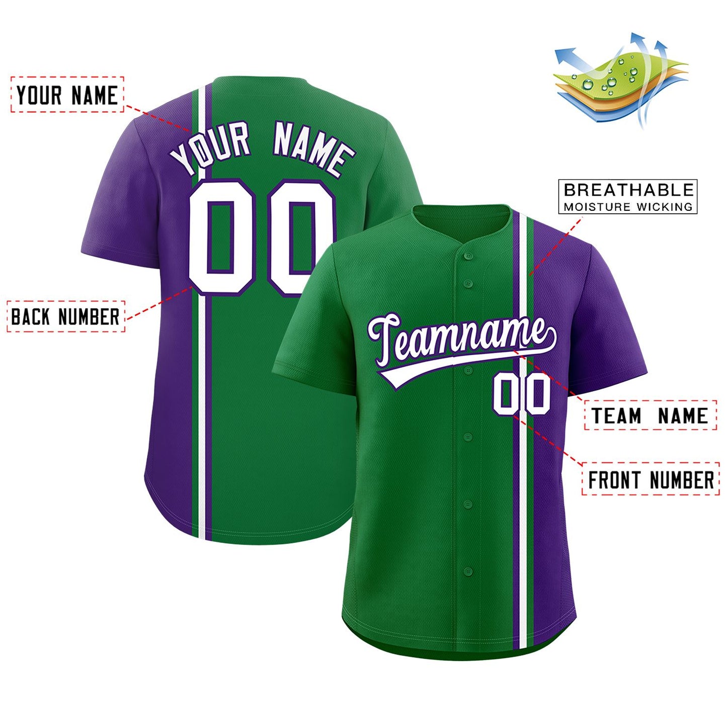 Custom Kelly Green Purple-White Personalized Color Block Authentic Baseball Jersey Limited