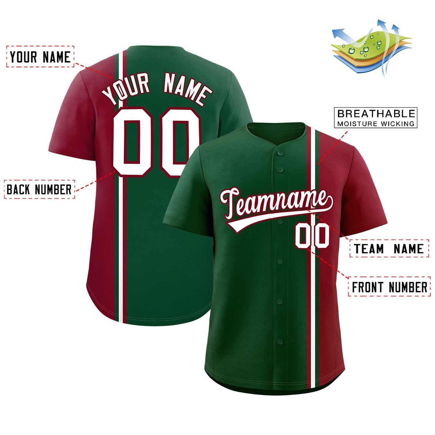Custom Green Crimson-White Personalized Color Block Authentic Baseball Jersey Limited