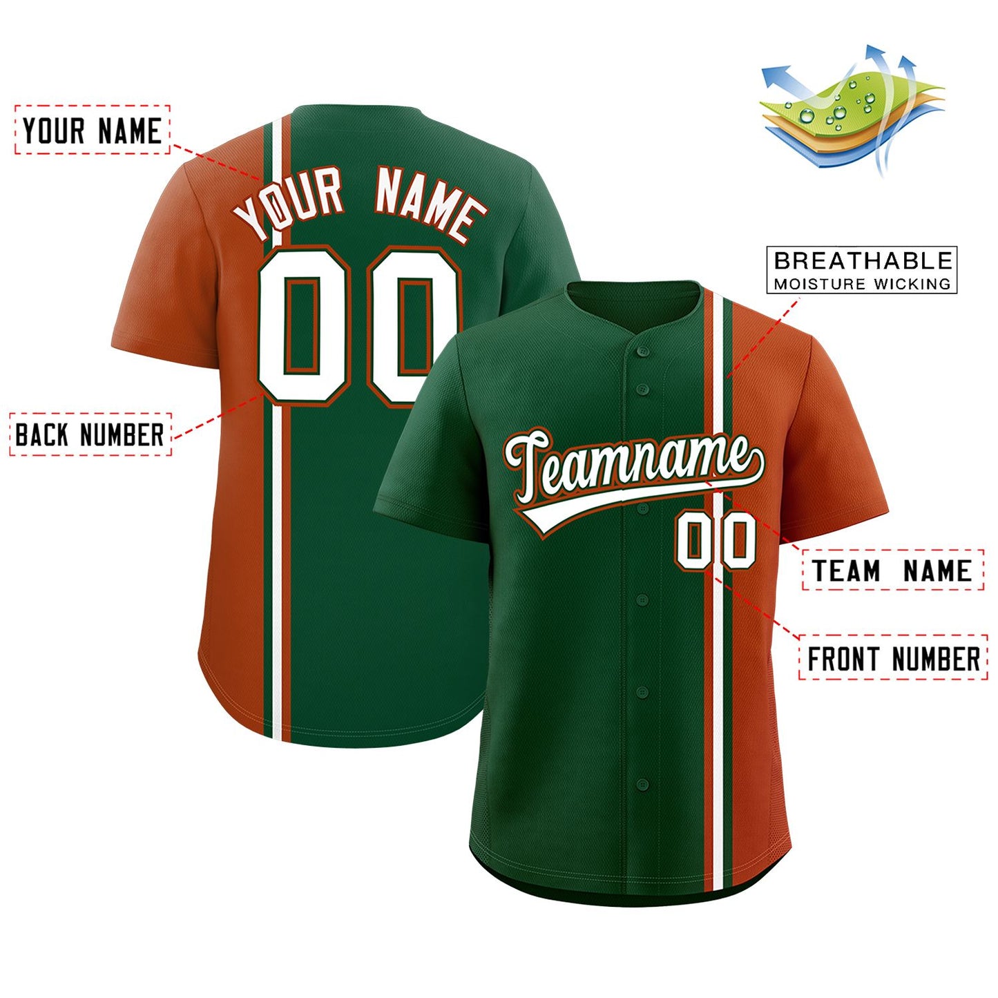 Custom Green Texas Orange-White Personalized Color Block Authentic Baseball Jersey Limited