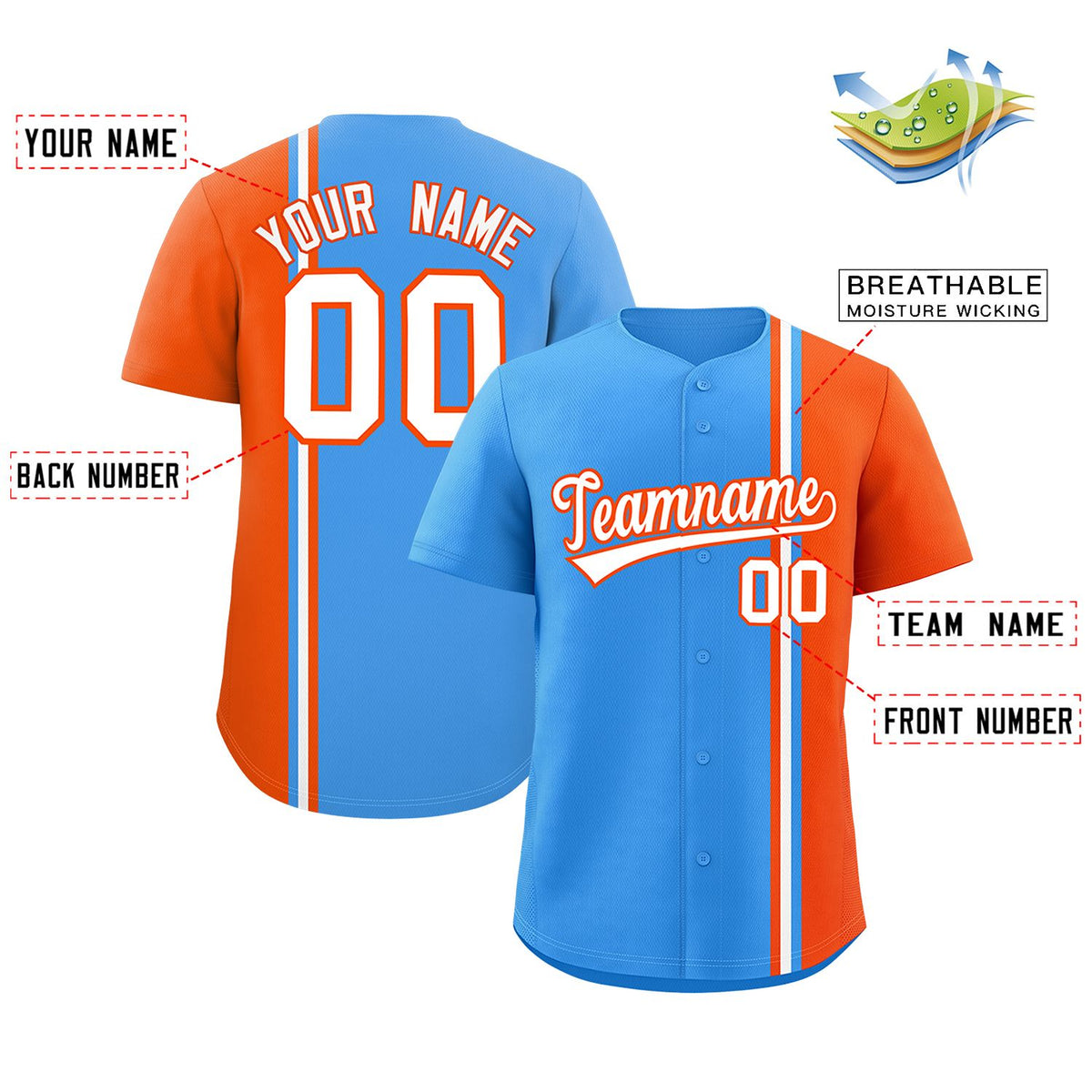 Custom Powder Blue Orange-White Personalized Color Block Authentic Baseball Jersey Limited
