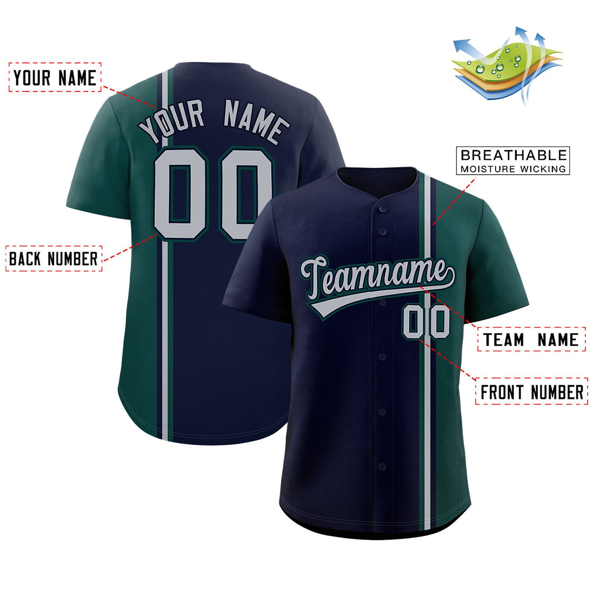 Custom Navy Midnight Green-Gray Personalized Color Block Authentic Baseball Jersey Limited
