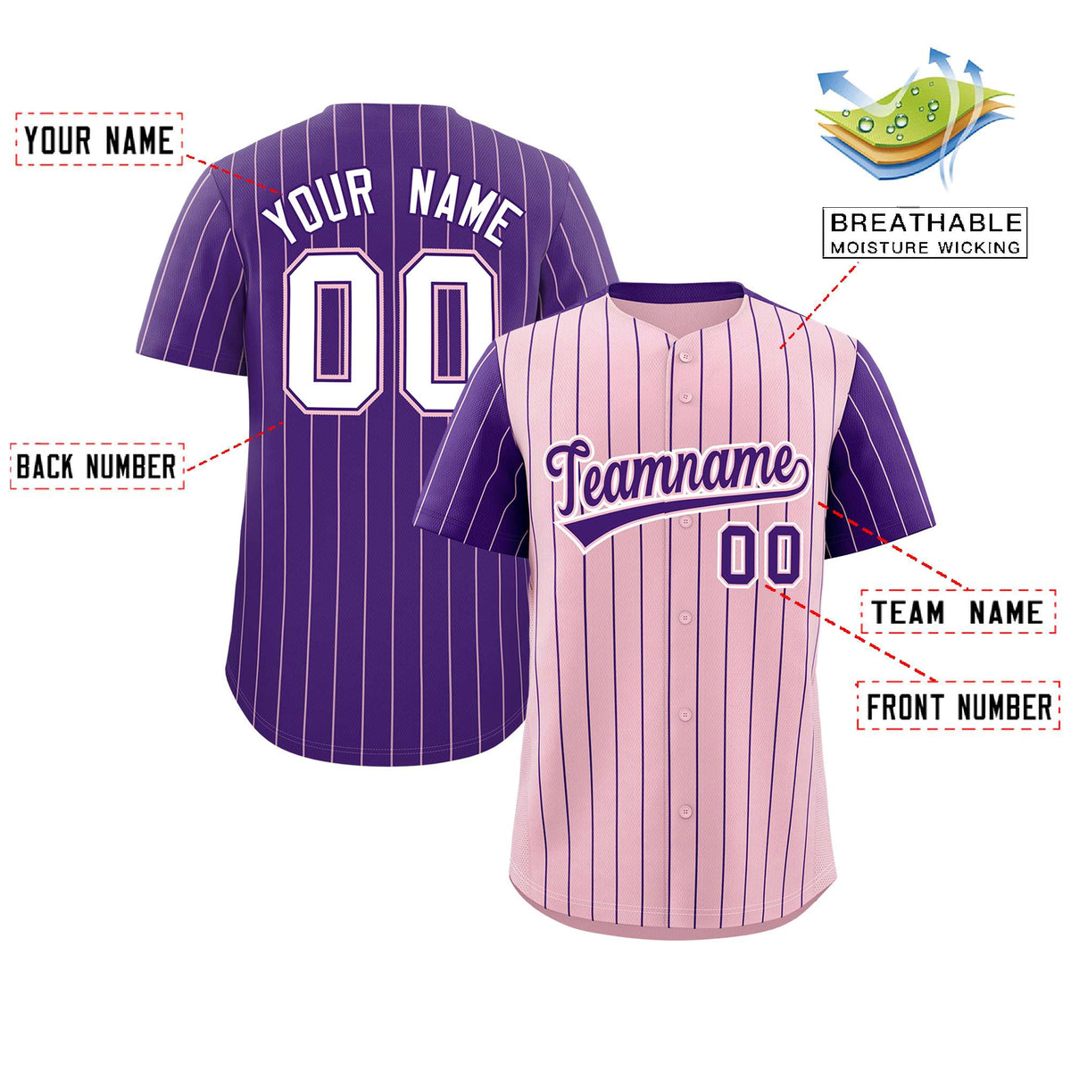 Custom Light Pink Purple Pinstripe Personalized Raglan Sleeves Authentic Baseball Jersey Limited