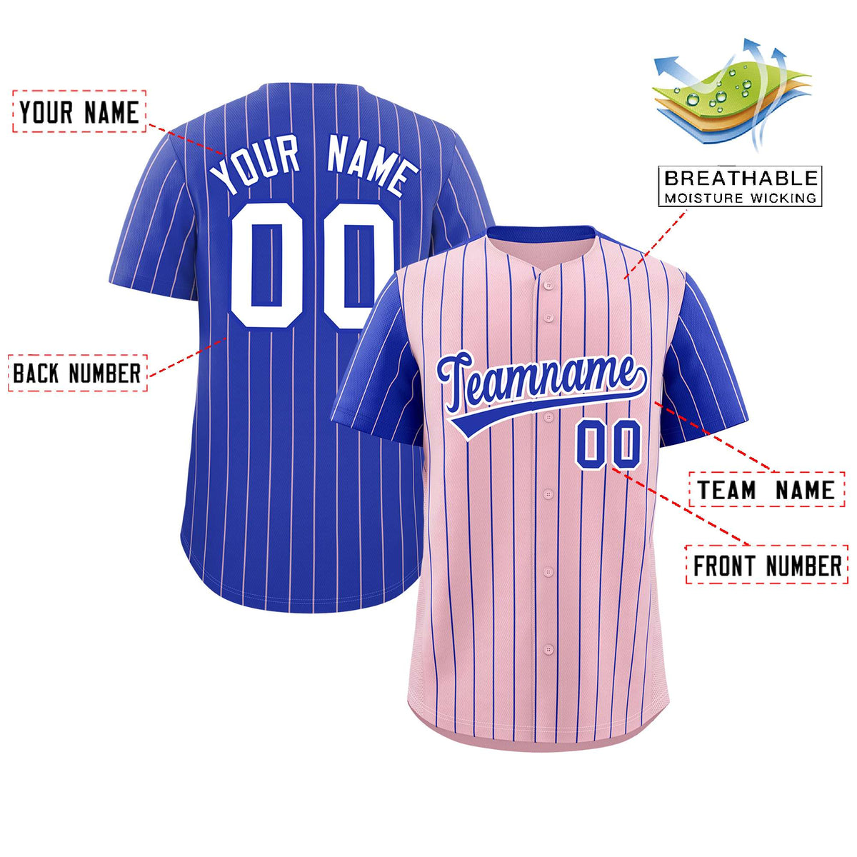 Custom Light Pink Royal Pinstripe Personalized Raglan Sleeves Authentic Baseball Jersey Limited