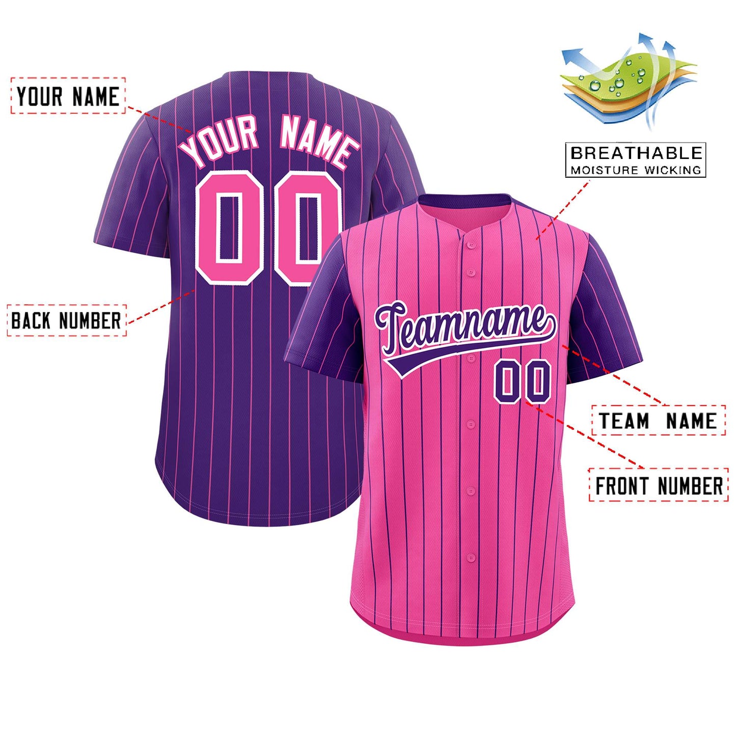 Custom Pink Purple Pinstripe Personalized Raglan Sleeves Authentic Baseball Jersey Limited