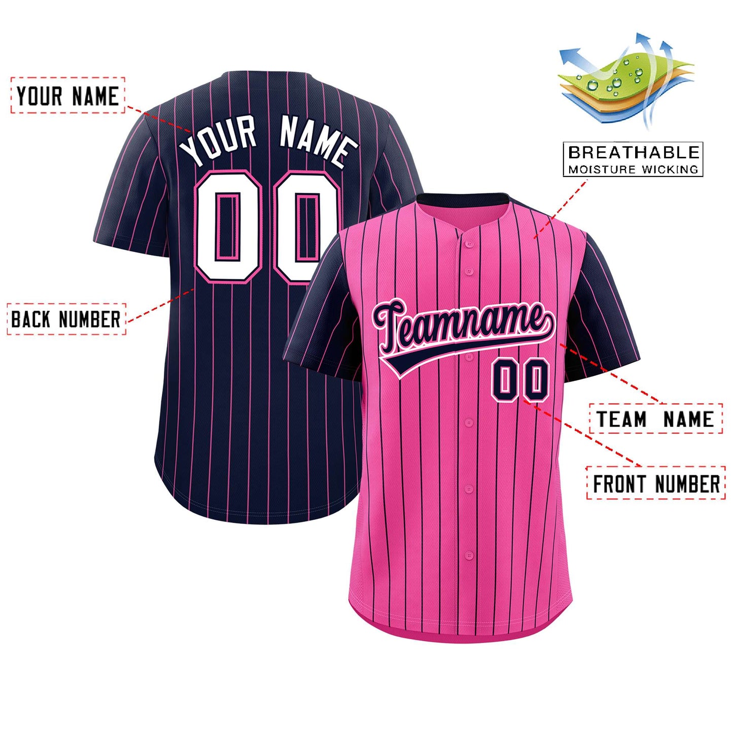 Custom Pink Navy Pinstripe Personalized Raglan Sleeves Authentic Baseball Jersey Limited