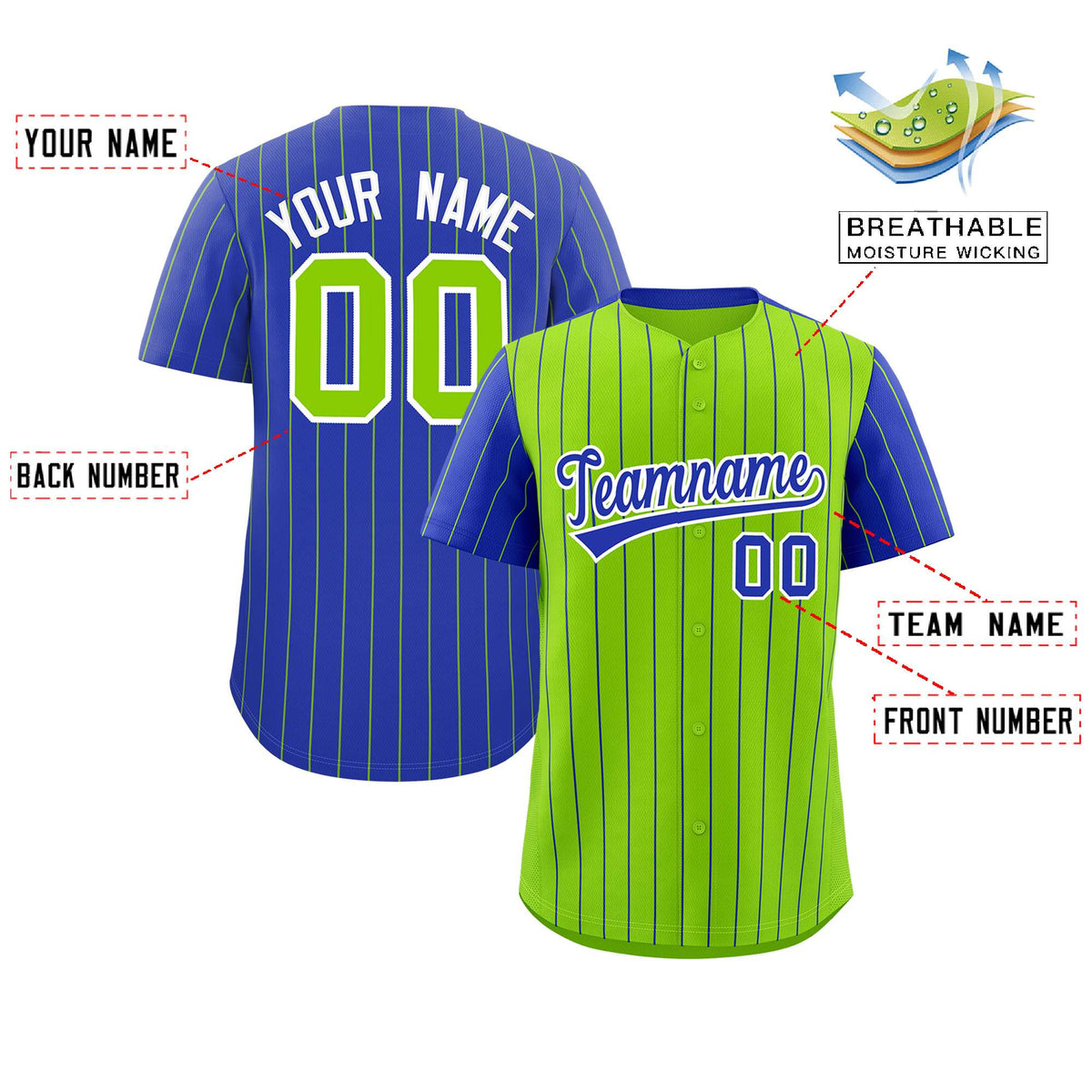 Custom Neon Green Royal Pinstripe Personalized Raglan Sleeves Authentic Baseball Jersey Limited