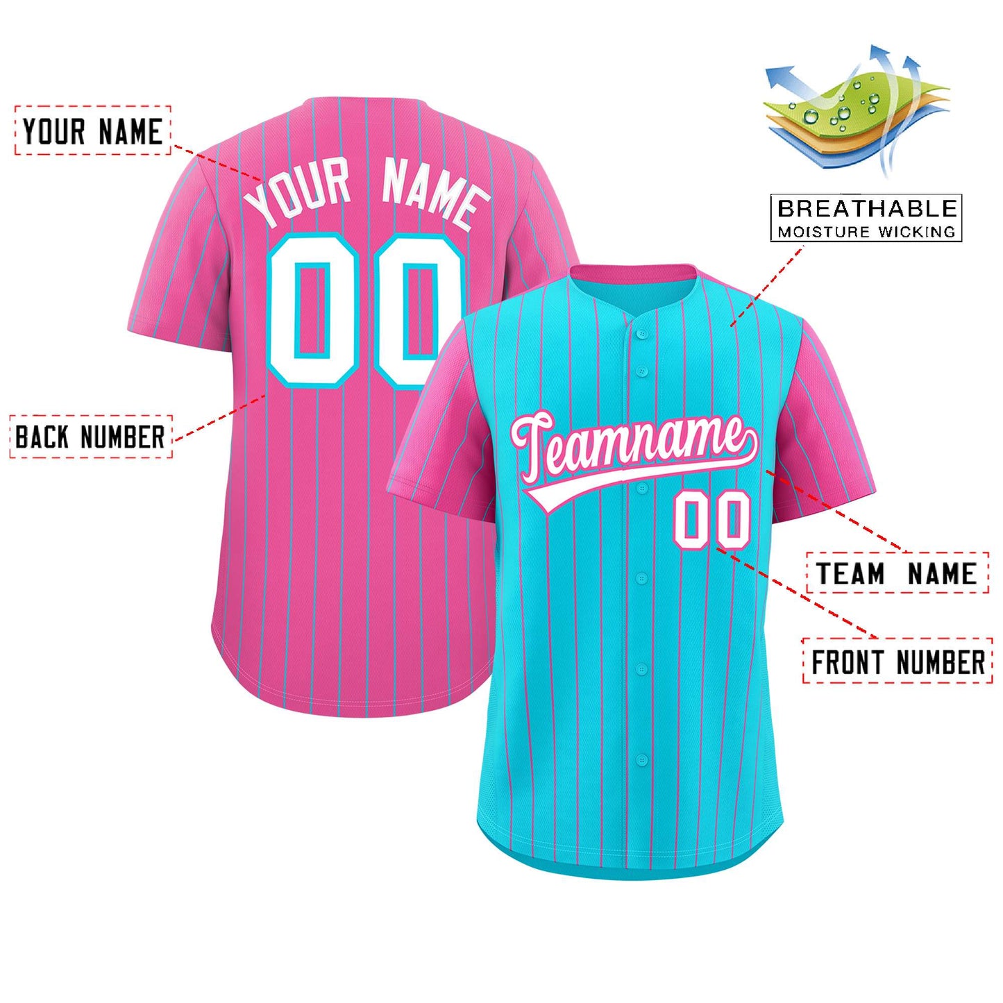 Custom Sky Blue Pink Pinstripe Personalized Raglan Sleeves Authentic Baseball Jersey Limited