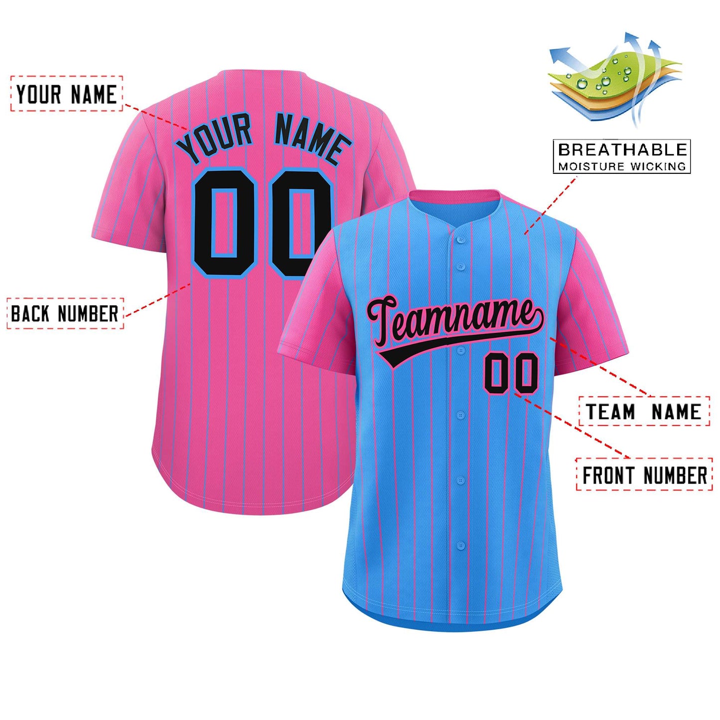 Custom Powder Blue Pink Pinstripe Personalized Raglan Sleeves Authentic Baseball Jersey Limited