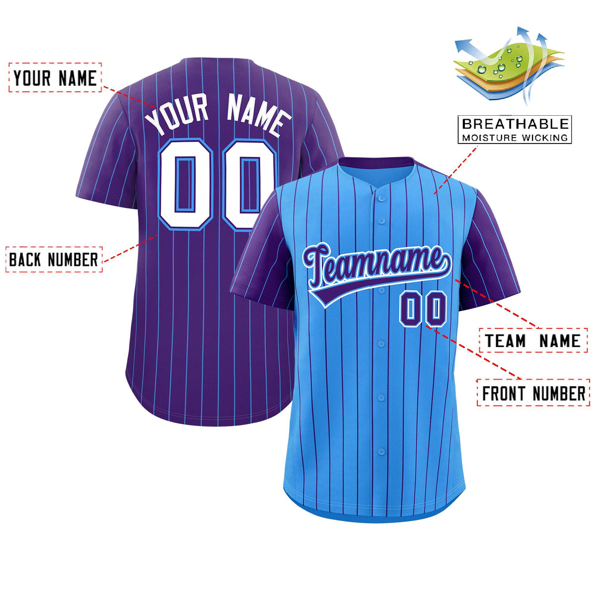 Custom Powder Blue Purple Pinstripe Personalized Raglan Sleeves Authentic Baseball Jersey Limited