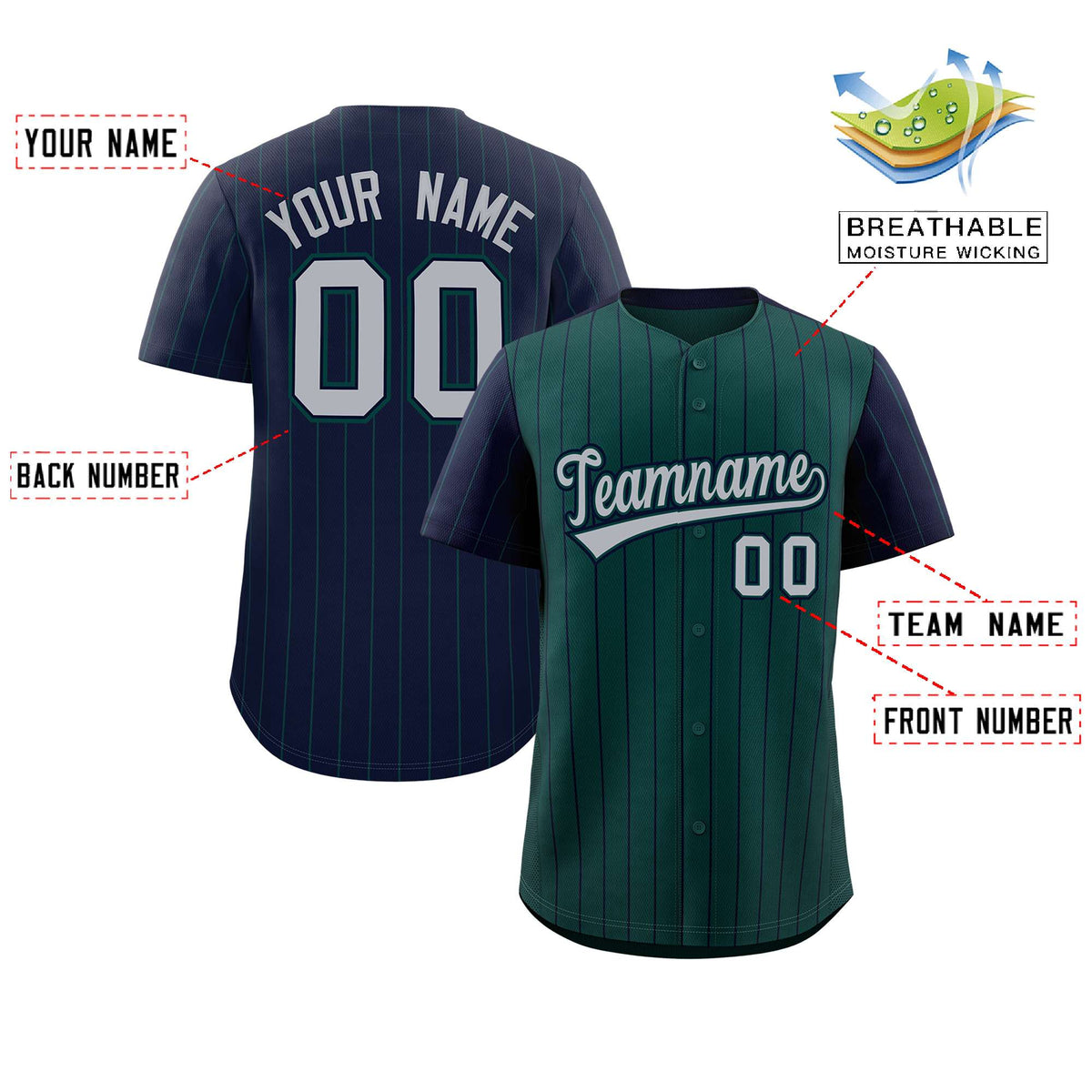 Custom Midnight Green Navy Pinstripe Personalized Raglan Sleeves Authentic Baseball Jersey Limited