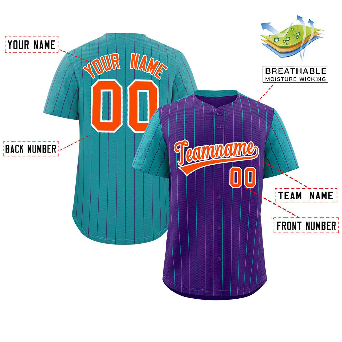 Custom Purple Aqua Pinstripe Personalized Raglan Sleeves Authentic Baseball Jersey Limited