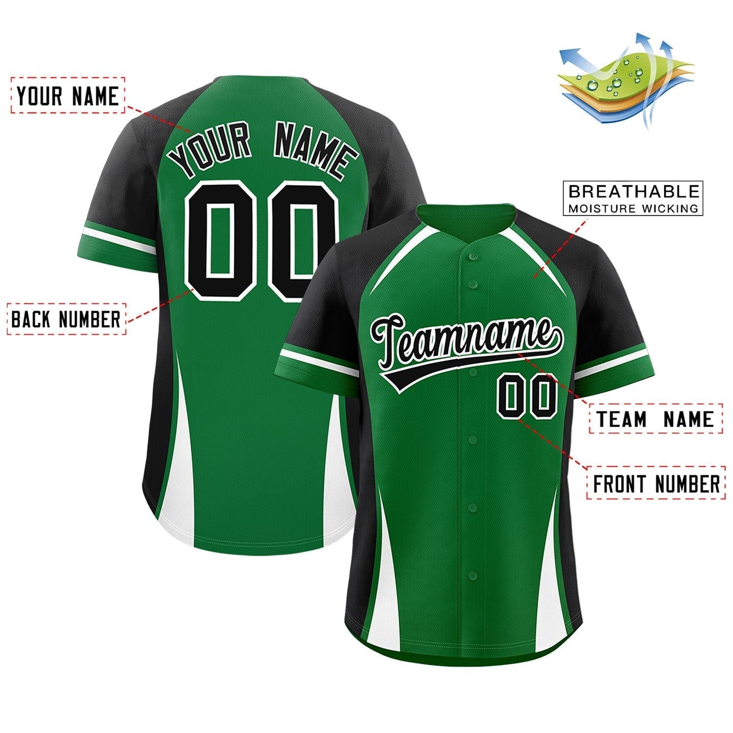 Custom Kelly Green Black-White Personalized Color Block Authentic Baseball Jersey Limited