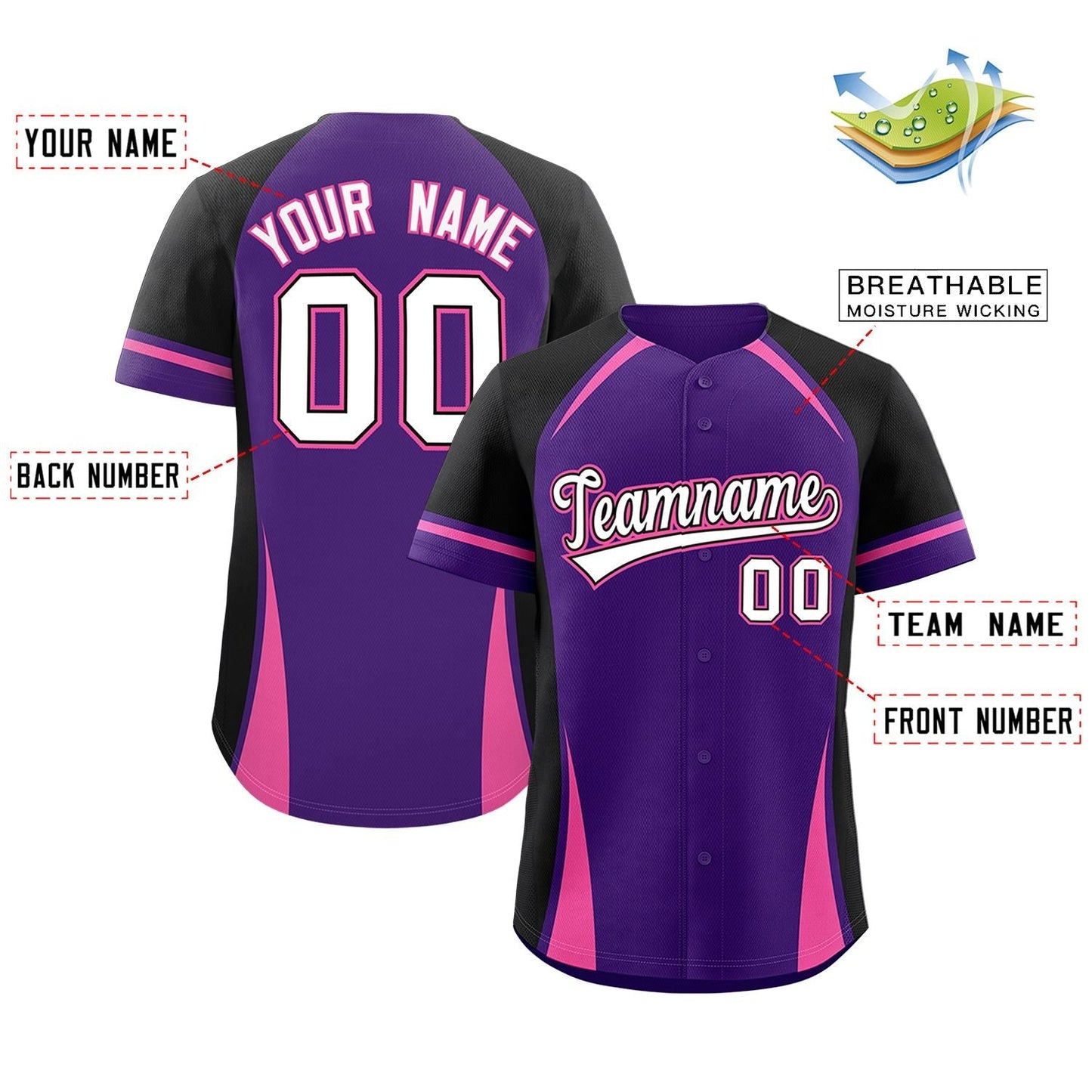 Custom Purple Black-Pink Personalized Color Block Authentic Baseball Jersey Limited