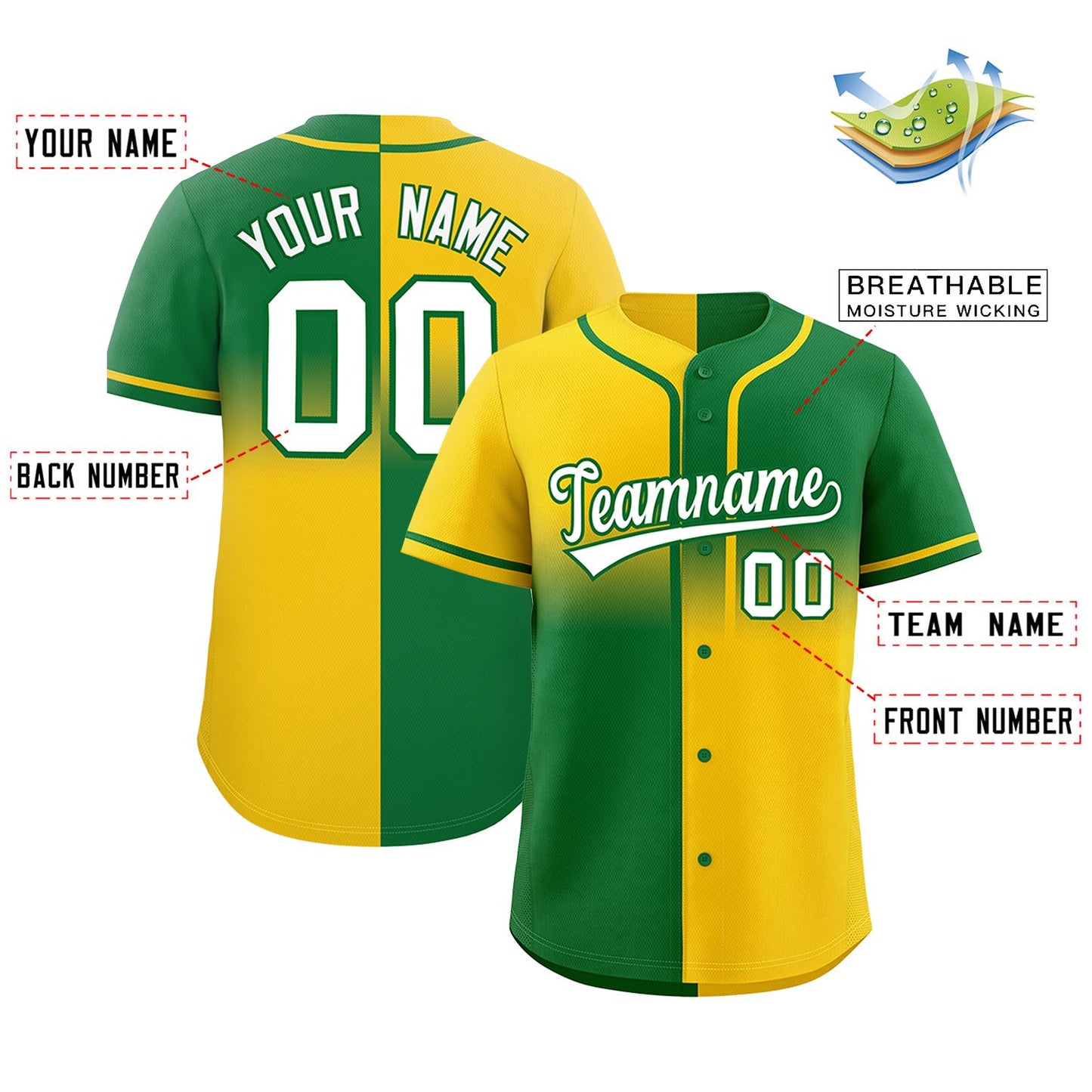Custom Kelly Green Gold Personalized Symmetrical Gradient Design Authentic Baseball Jersey Limited