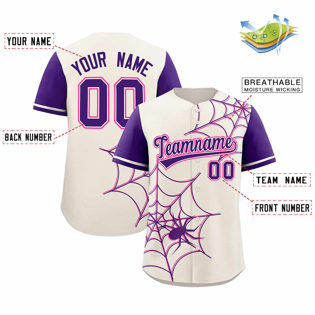 Custom Cream Purple Spider Web Pattern Raglan Sleeves Authentic Baseball Jersey Limited