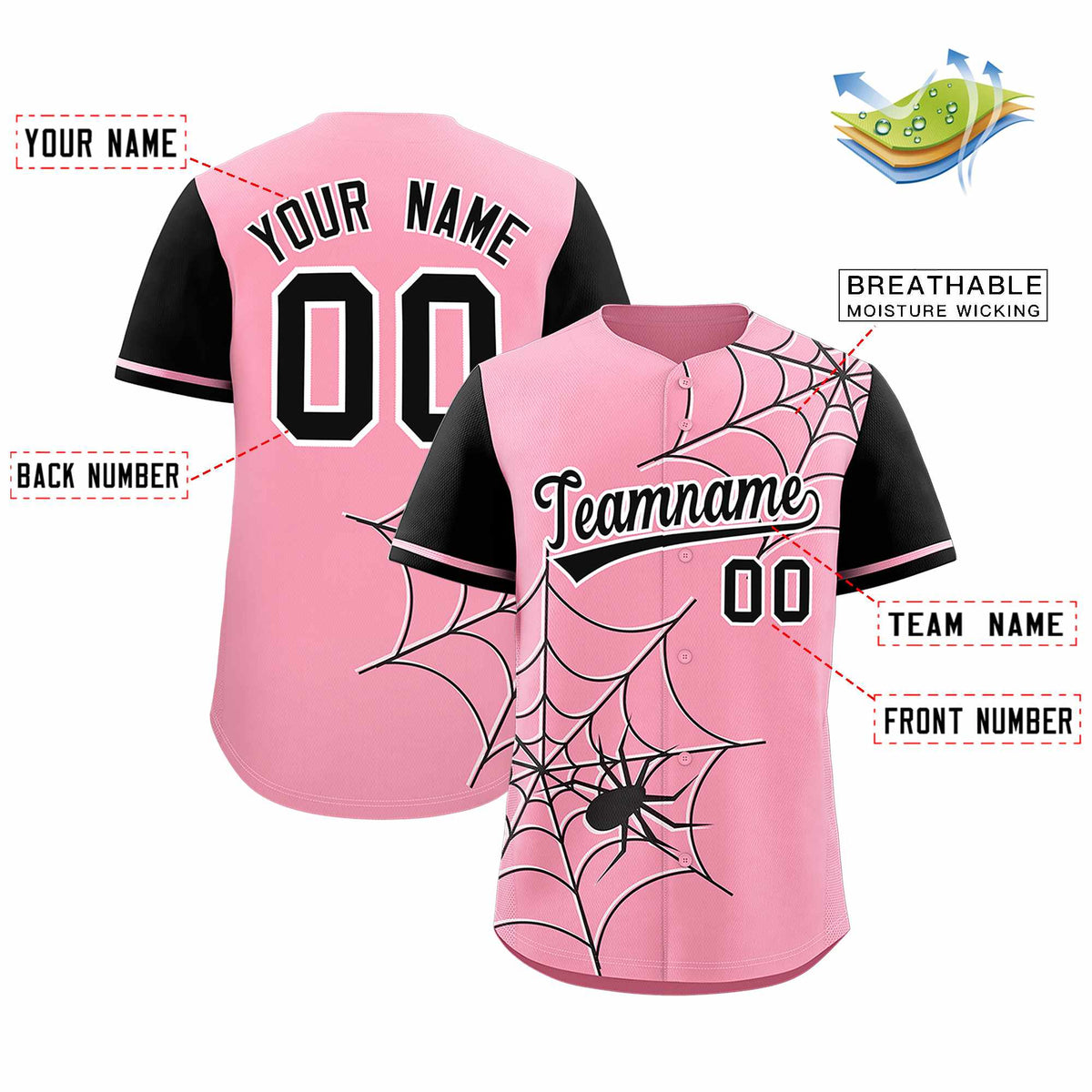Custom Light Pink Black Spider Web Pattern Raglan Sleeves Authentic Baseball Jersey Limited