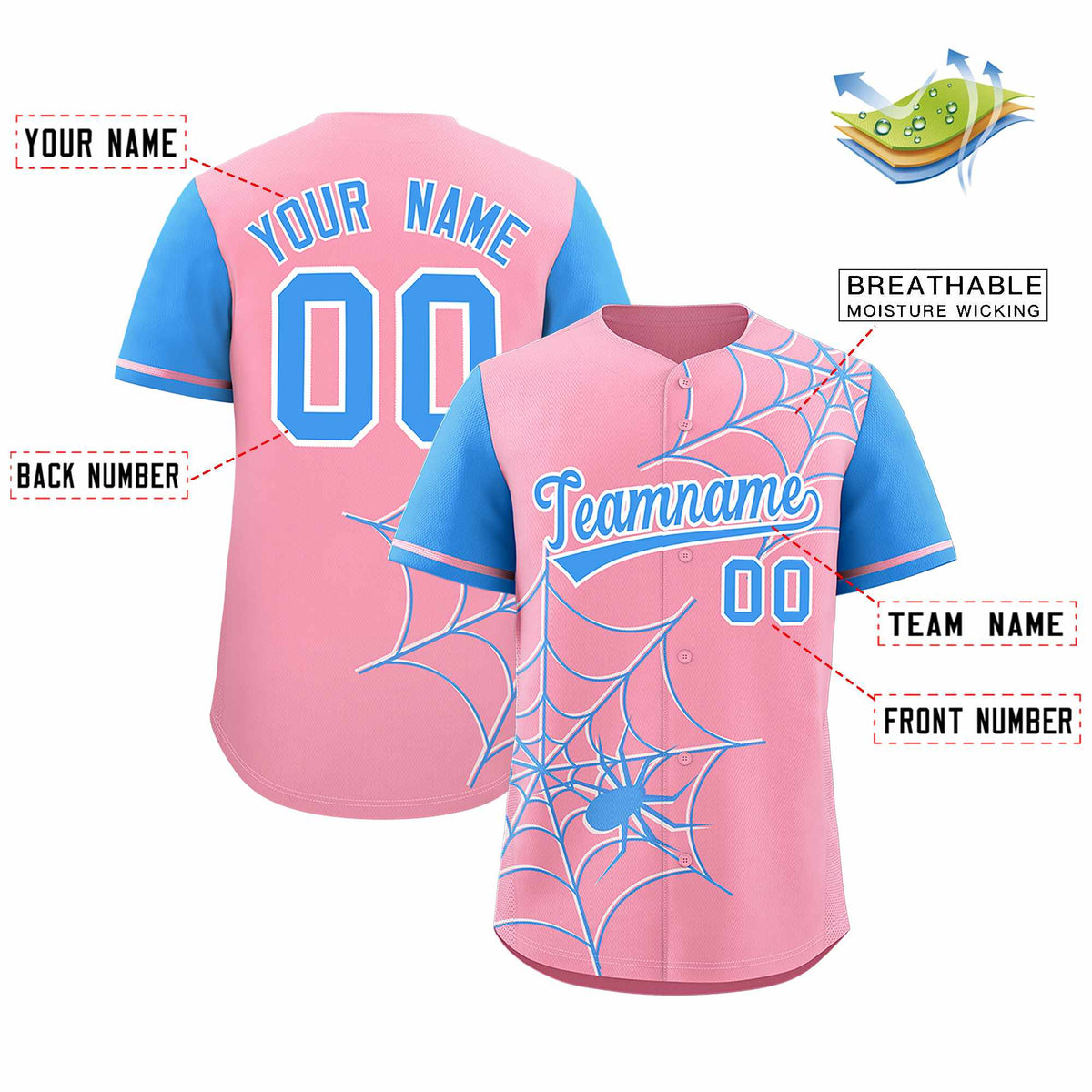 Custom Light Pink Powder Blue Spider Web Pattern Raglan Sleeves Authentic Baseball Jersey Limited